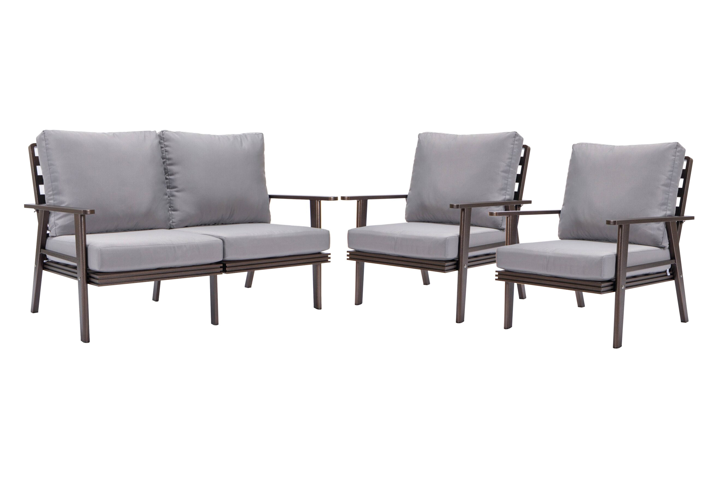 LeisureMod Walbrooke Modern 3-Piece Outdoor Patio Set with Brown Aluminum Frame