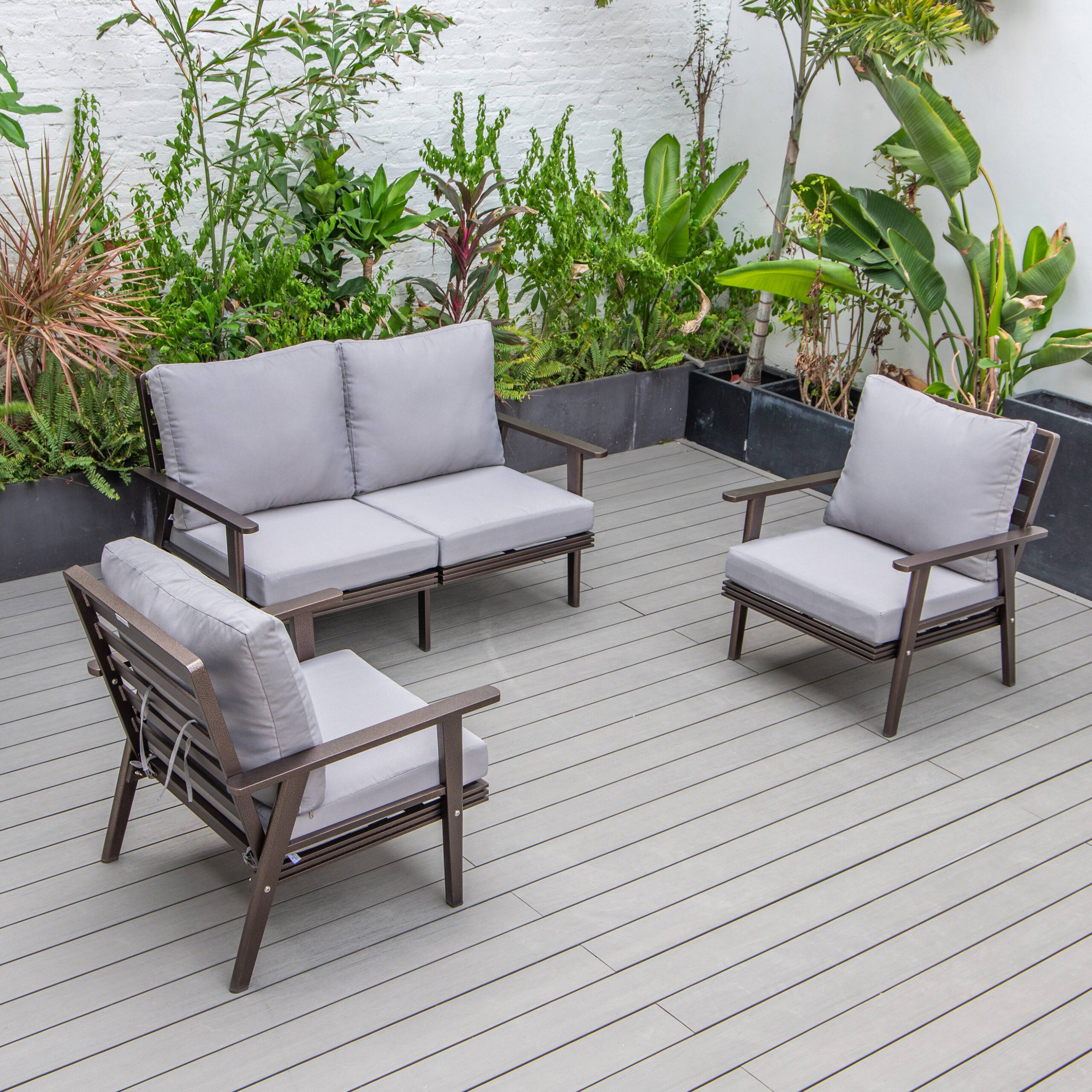 LeisureMod Walbrooke Modern 3-Piece Outdoor Patio Set with Brown Aluminum Frame - Gray