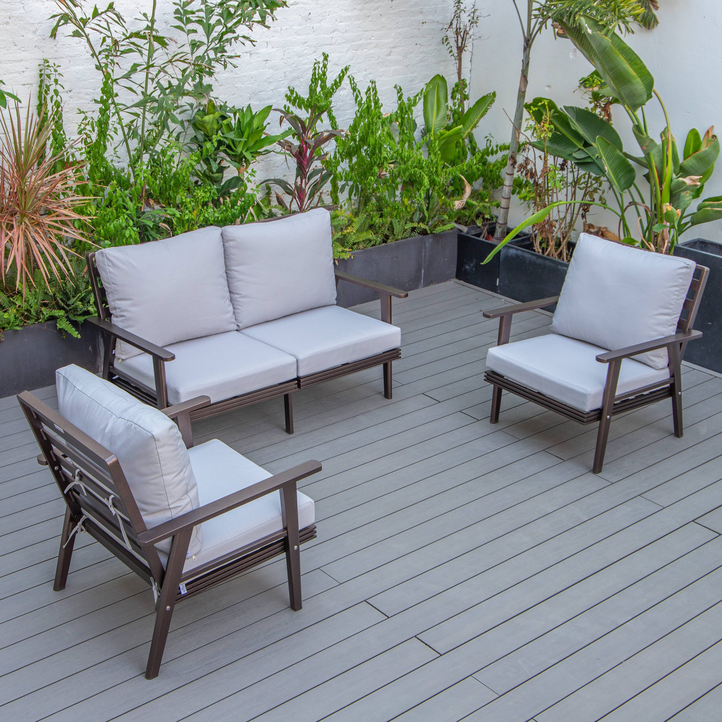 LeisureMod Walbrooke Modern 3-Piece Outdoor Patio Set with Brown Aluminum Frame - Light Gray