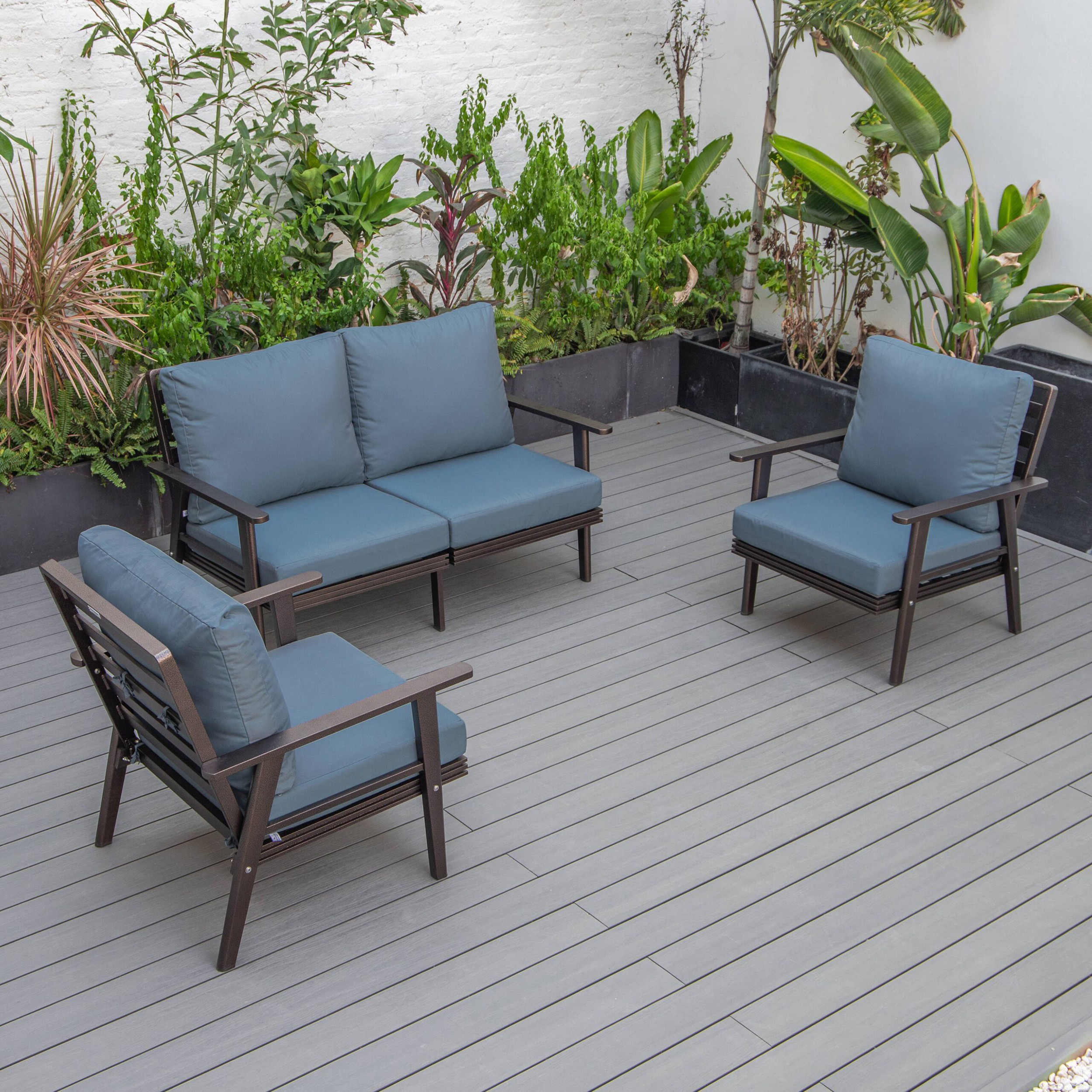 LeisureMod Walbrooke Modern 3-Piece Outdoor Patio Set with Brown Aluminum Frame - Navy Blue