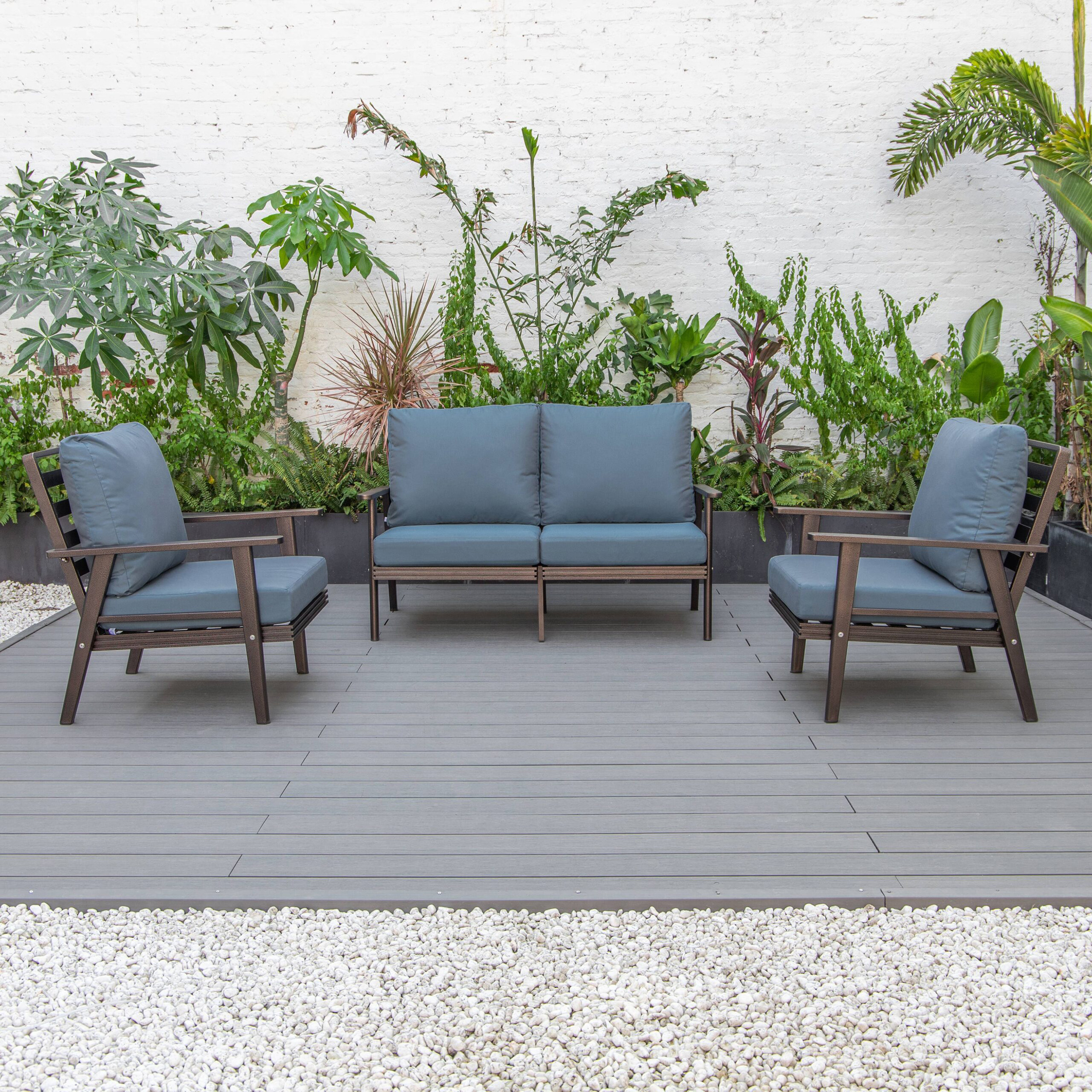 LeisureMod Walbrooke Modern 3-Piece Outdoor Patio Set with Brown Aluminum Frame - Navy Blue