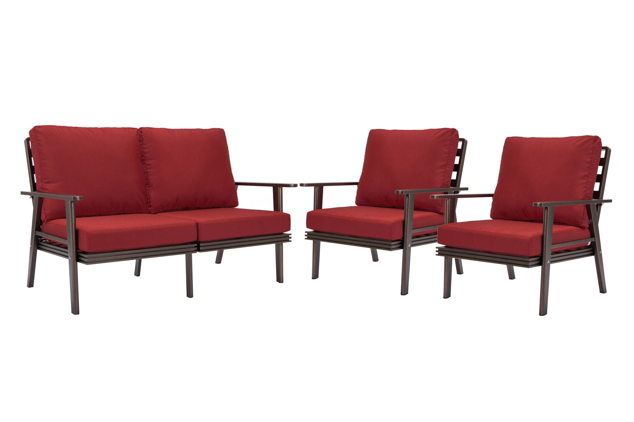 LeisureMod Walbrooke Modern 3-Piece Outdoor Patio Set with Brown Aluminum Frame