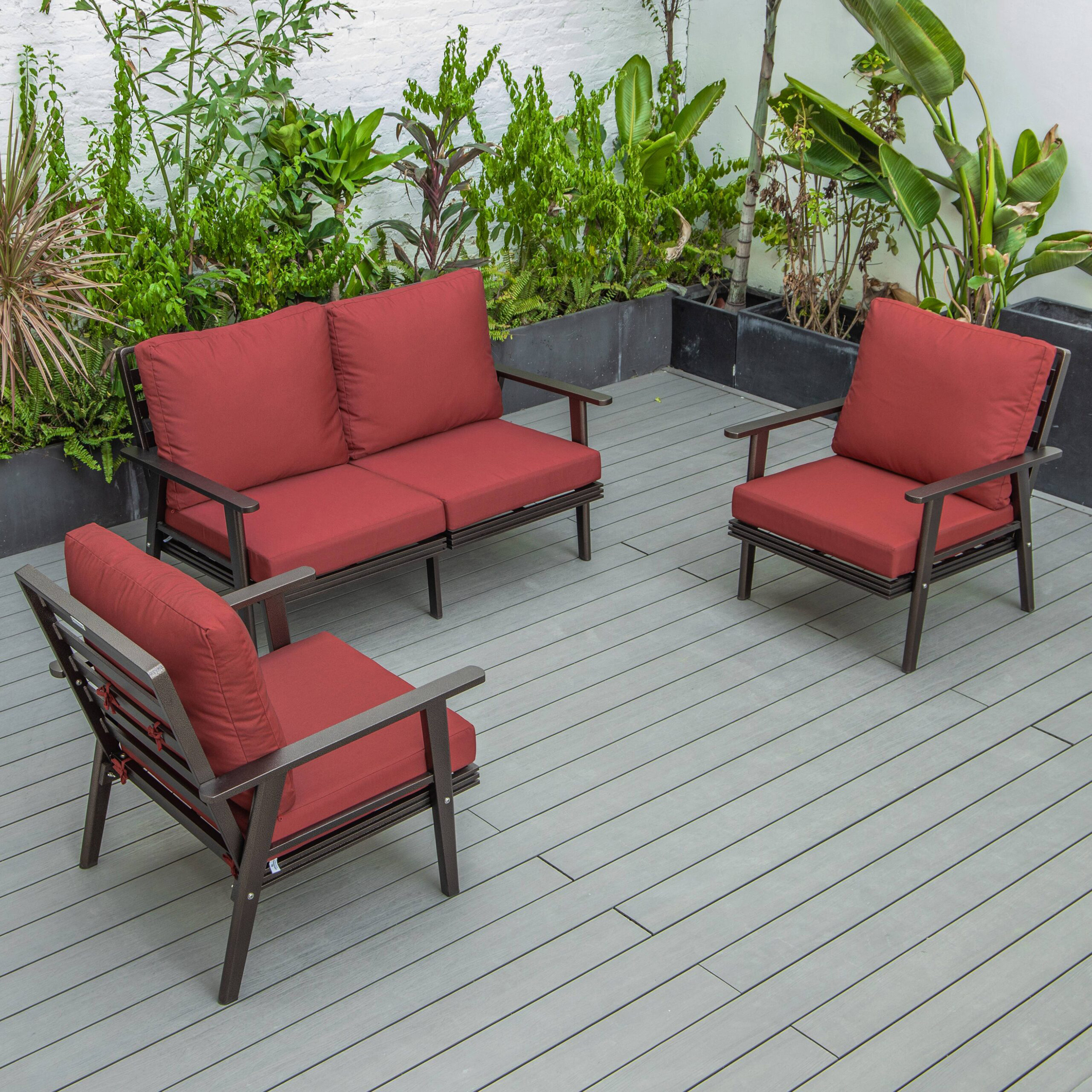 LeisureMod Walbrooke Modern 3-Piece Outdoor Patio Set with Brown Aluminum Frame - Red