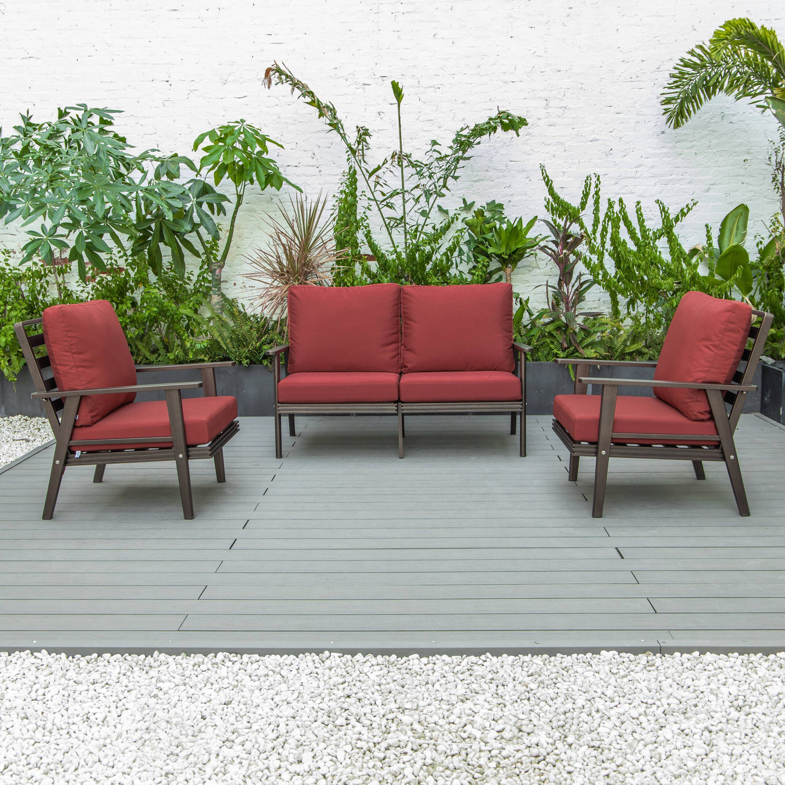 LeisureMod Walbrooke Modern 3-Piece Outdoor Patio Set with Brown Aluminum Frame - Red