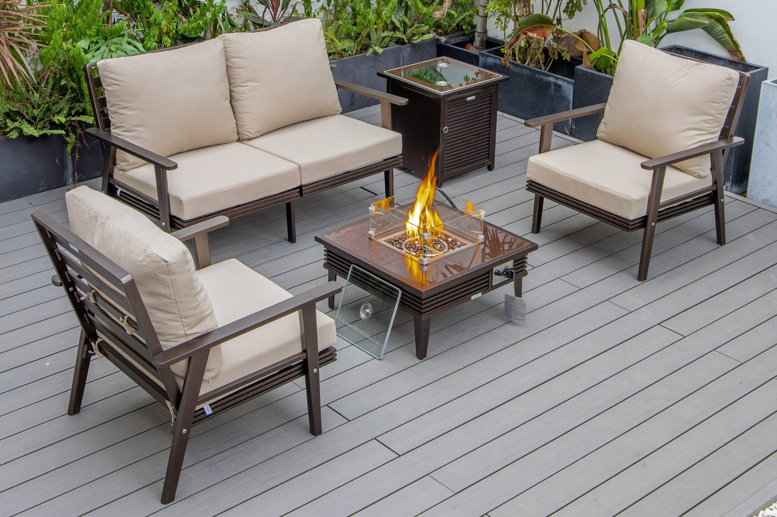 LeisureMod Walbrooke Modern Black Patio Conversation With Square Fire Pit With Slats Design & Tank Holder