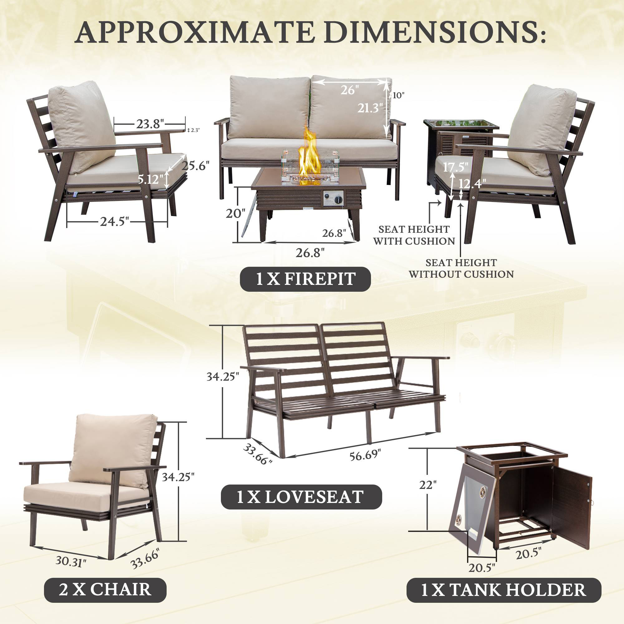 LeisureMod Walbrooke Modern Brown Patio Conversation With Square Fire Pit With Slats Design & Tank Holder - Beige