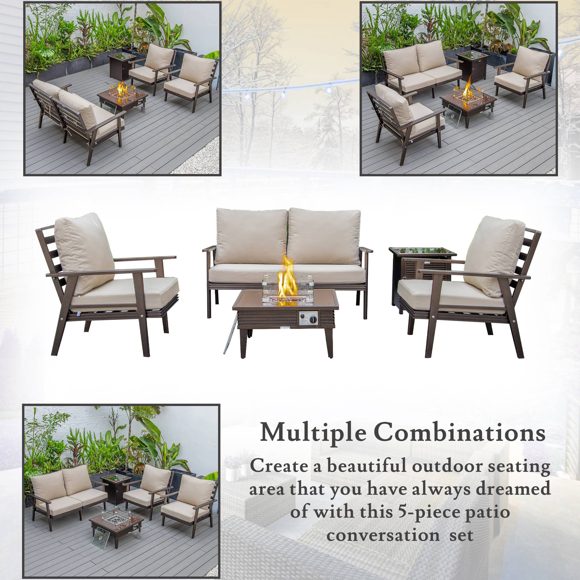 LeisureMod Walbrooke Modern Brown Patio Conversation With Square Fire Pit With Slats Design & Tank Holder - Beige