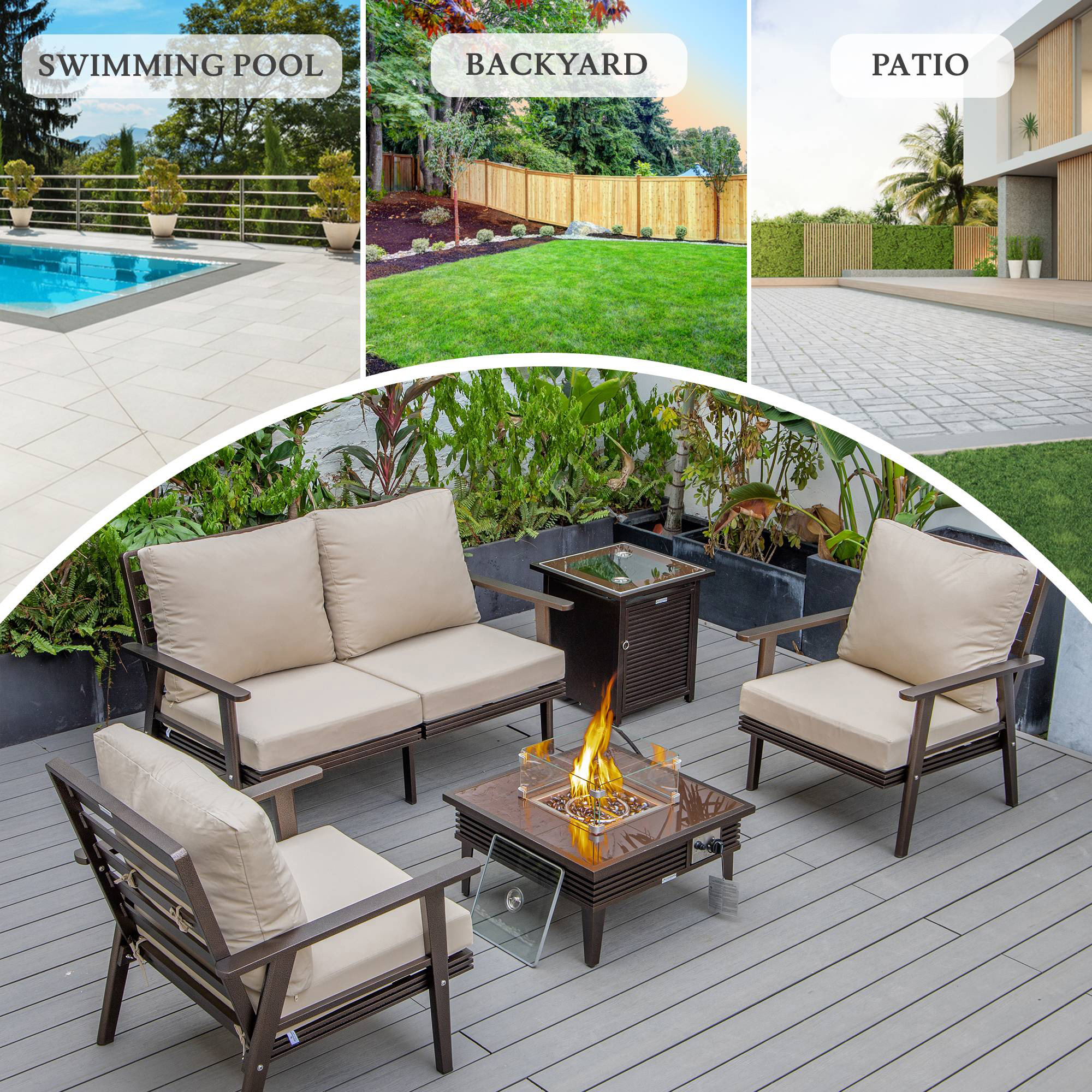 LeisureMod Walbrooke Modern Brown Patio Conversation With Square Fire Pit With Slats Design & Tank Holder - Beige