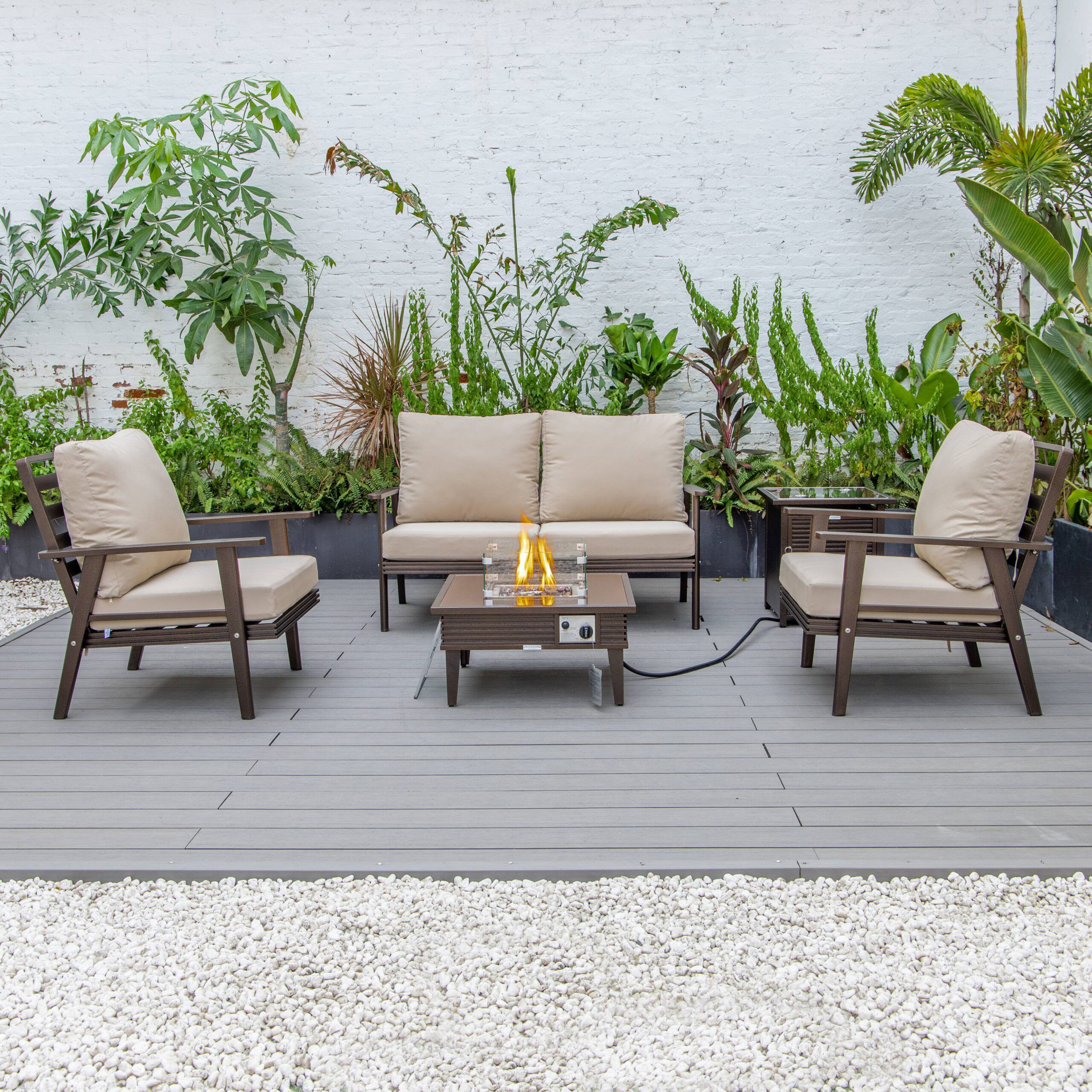 LeisureMod Walbrooke Modern Brown Patio Conversation With Square Fire Pit With Slats Design & Tank Holder - Beige