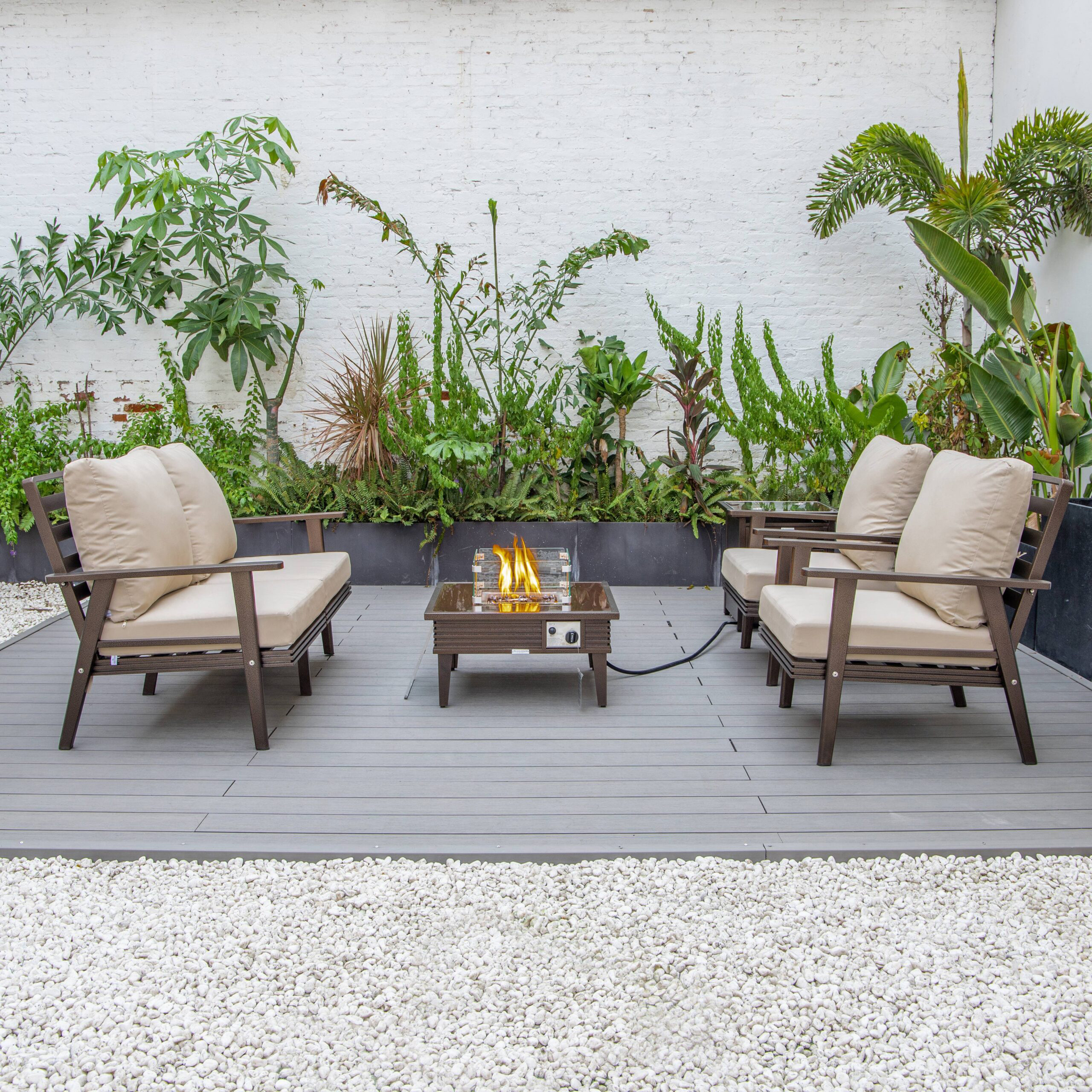 LeisureMod Walbrooke Modern Brown Patio Conversation With Square Fire Pit With Slats Design & Tank Holder - Beige