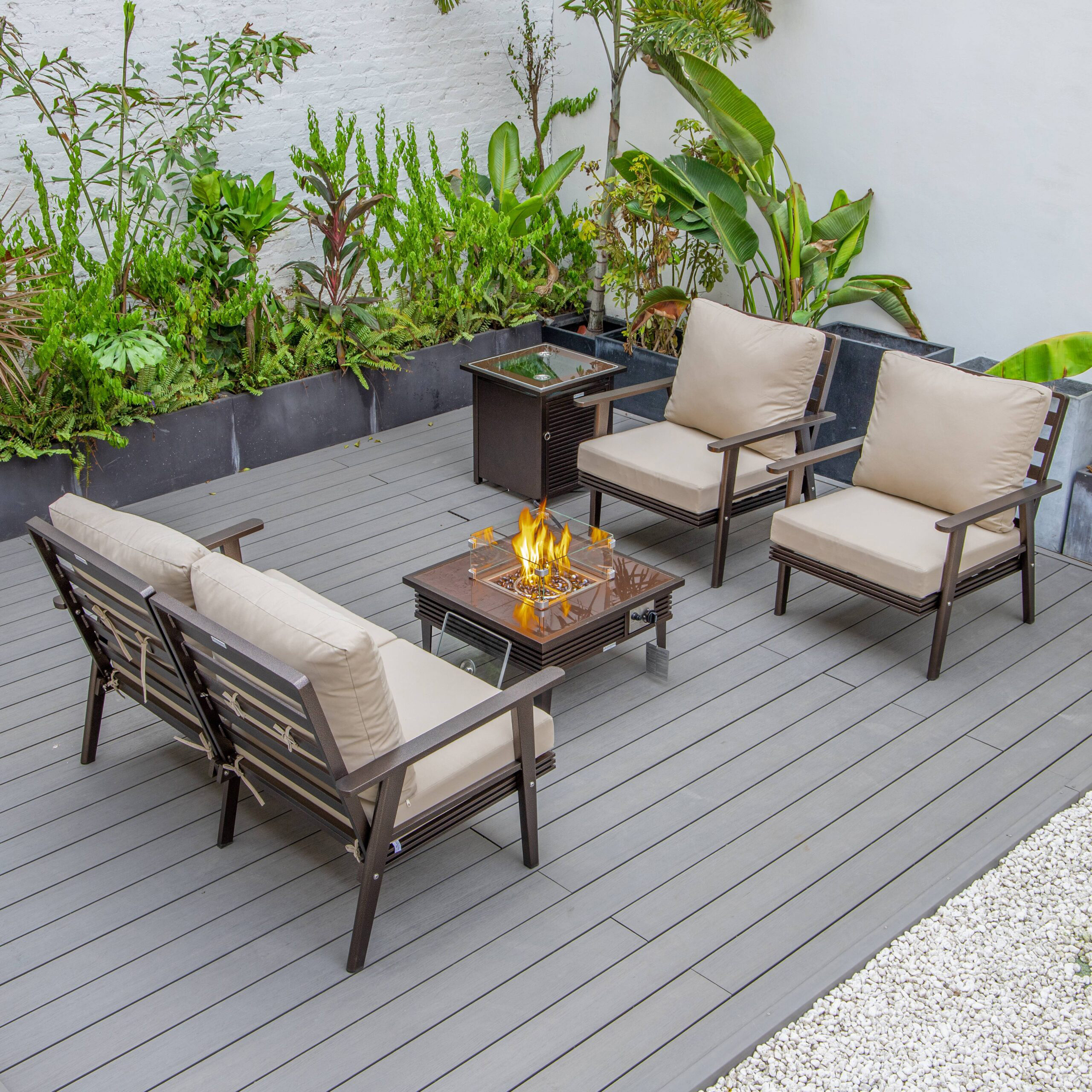 LeisureMod Walbrooke Modern Brown Patio Conversation With Square Fire Pit With Slats Design & Tank Holder - Beige