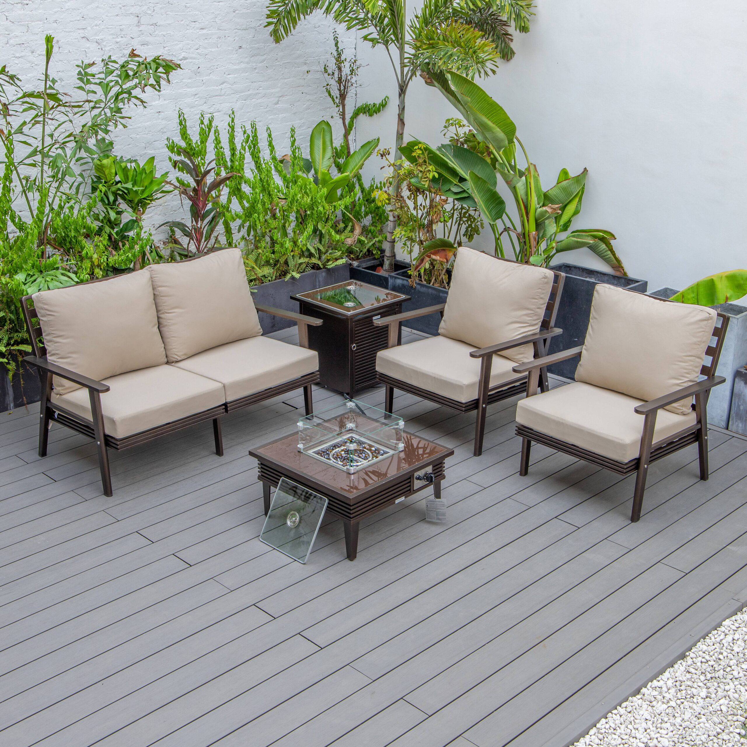 LeisureMod Walbrooke Modern Brown Patio Conversation With Square Fire Pit With Slats Design & Tank Holder - Beige