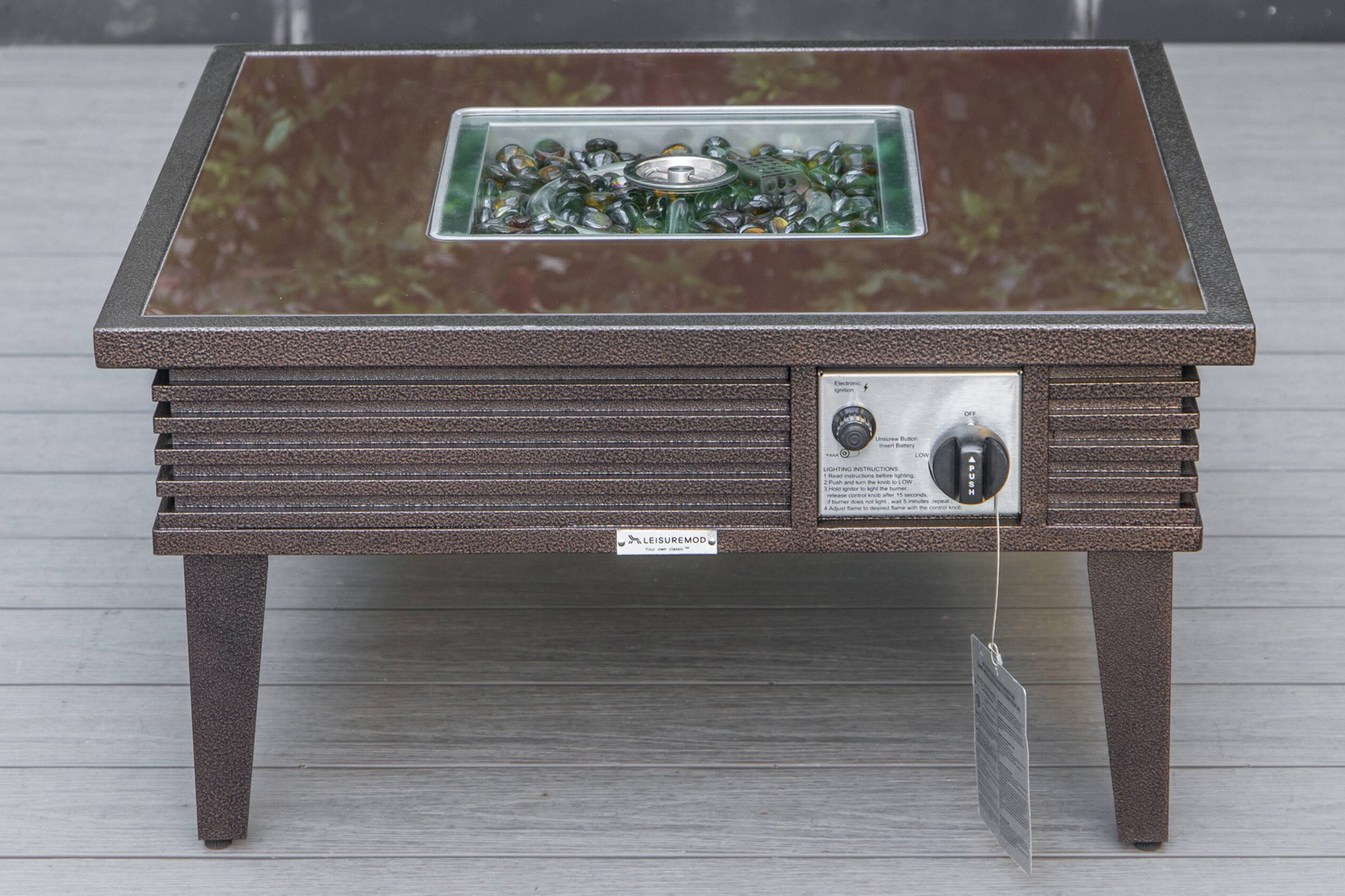 LeisureMod Walbrooke Modern Brown Patio Conversation With Square Fire Pit With Slats Design & Tank Holder - Beige