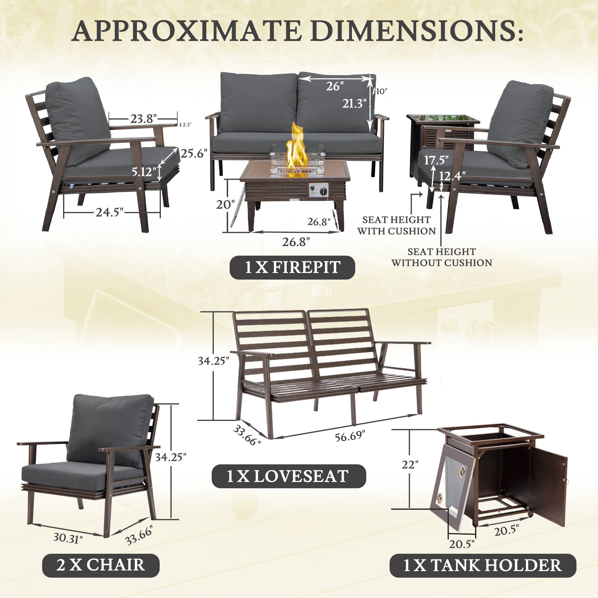 LeisureMod Walbrooke Modern Brown Patio Conversation With Square Fire Pit With Slats Design & Tank Holder - Charcoal