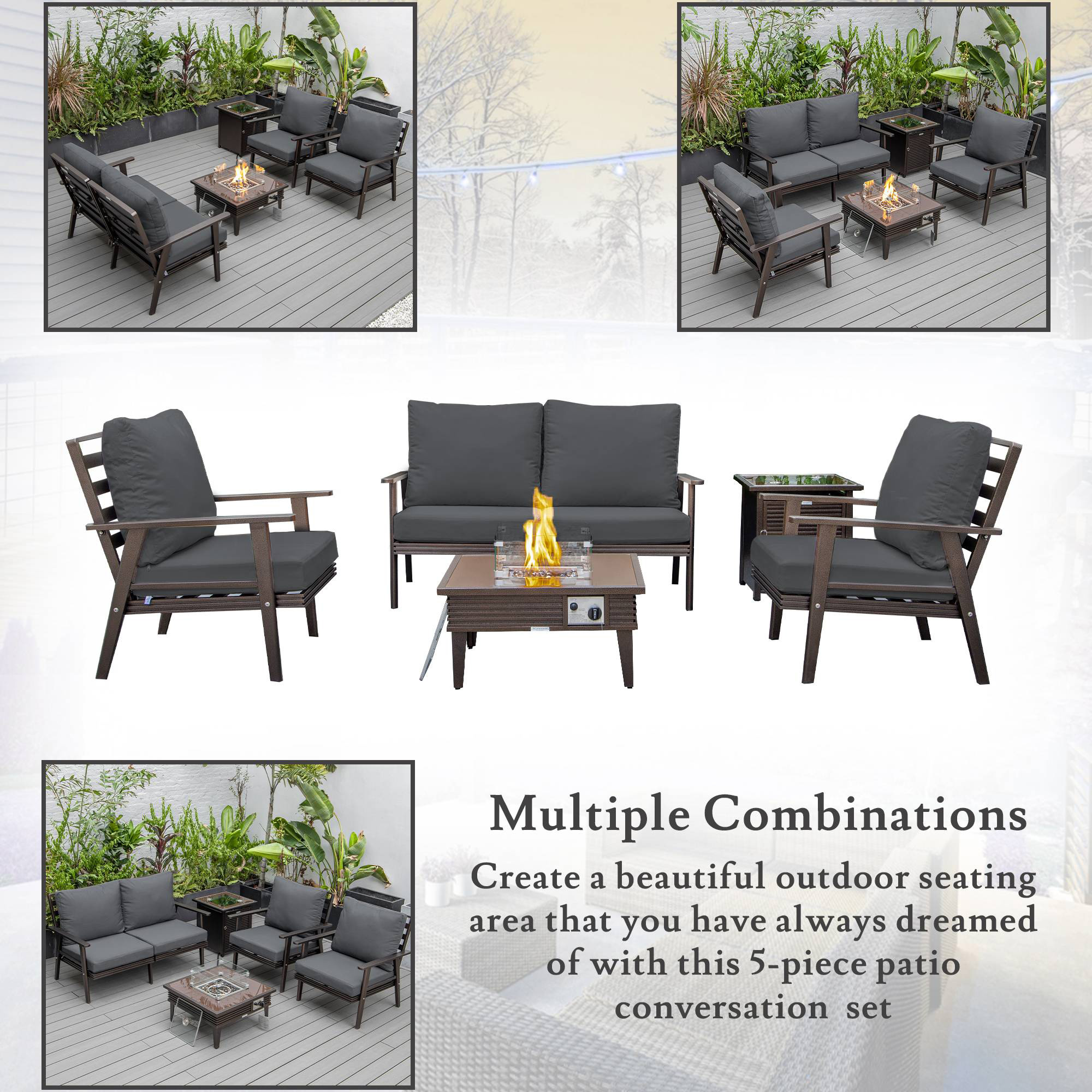 LeisureMod Walbrooke Modern Brown Patio Conversation With Square Fire Pit With Slats Design & Tank Holder - Charcoal