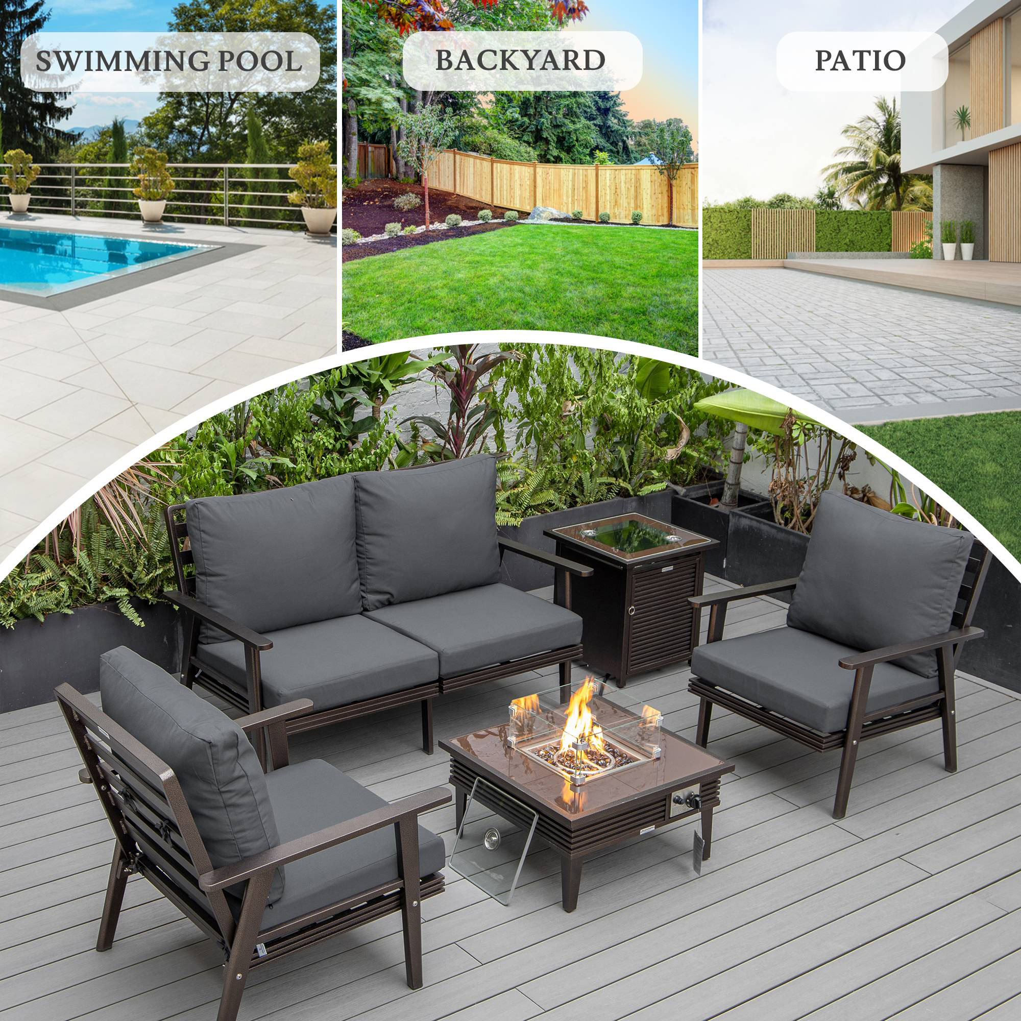 LeisureMod Walbrooke Modern Brown Patio Conversation With Square Fire Pit With Slats Design & Tank Holder - Charcoal