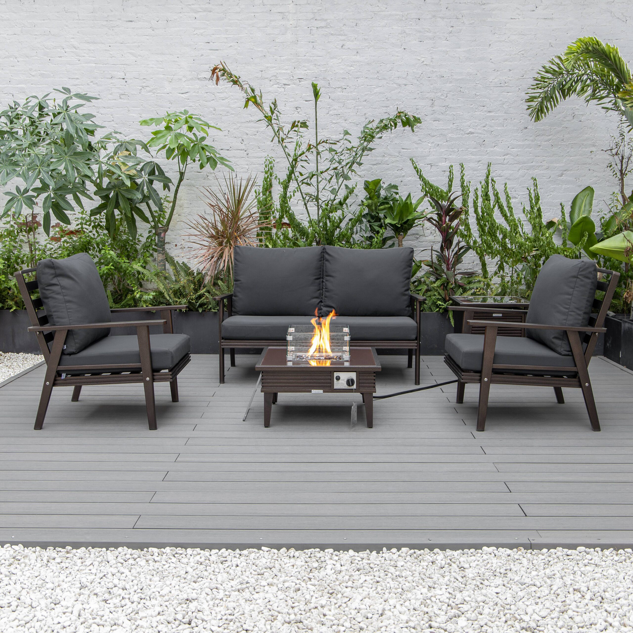 LeisureMod Walbrooke Modern Brown Patio Conversation With Square Fire Pit With Slats Design & Tank Holder - Charcoal