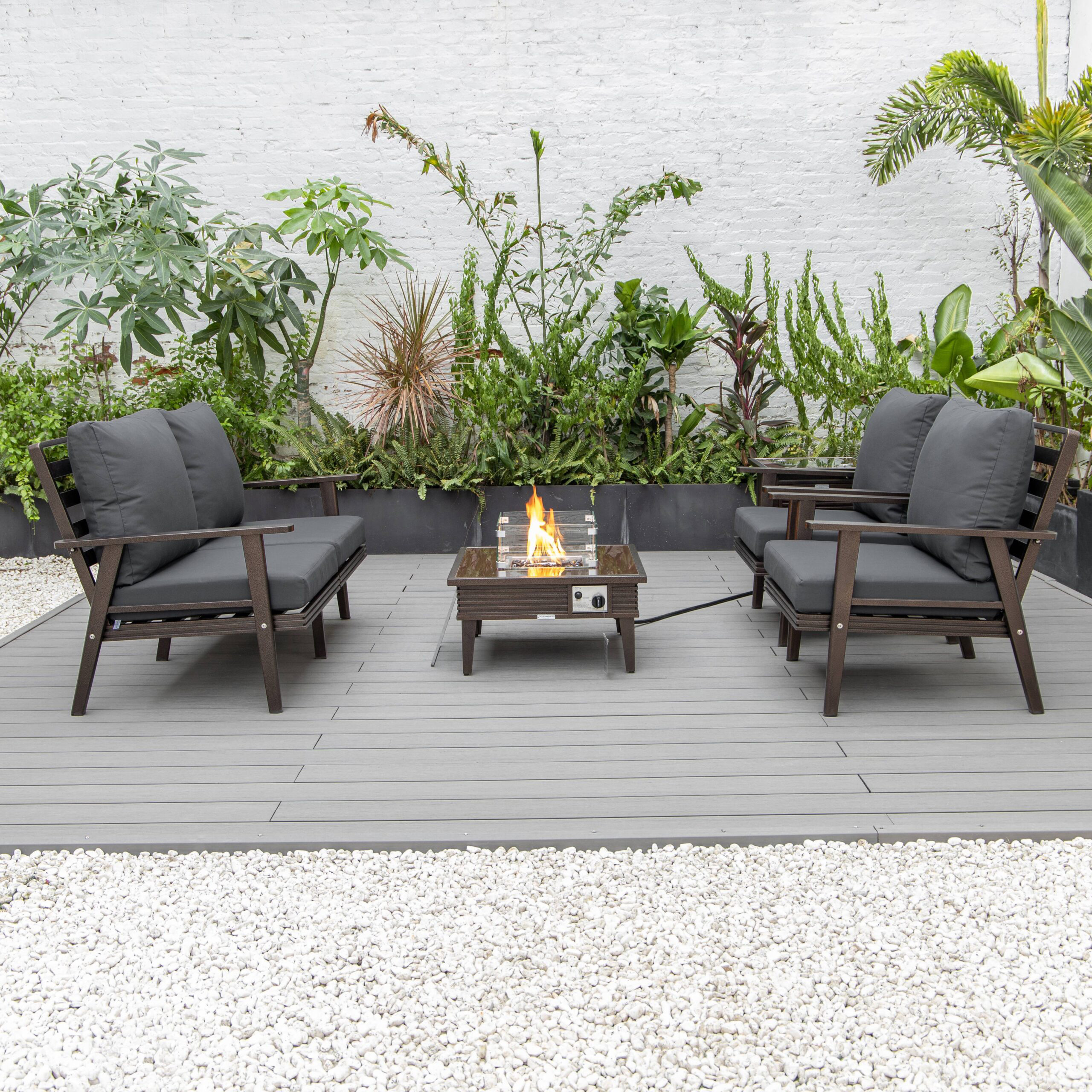 LeisureMod Walbrooke Modern Brown Patio Conversation With Square Fire Pit With Slats Design & Tank Holder - Charcoal