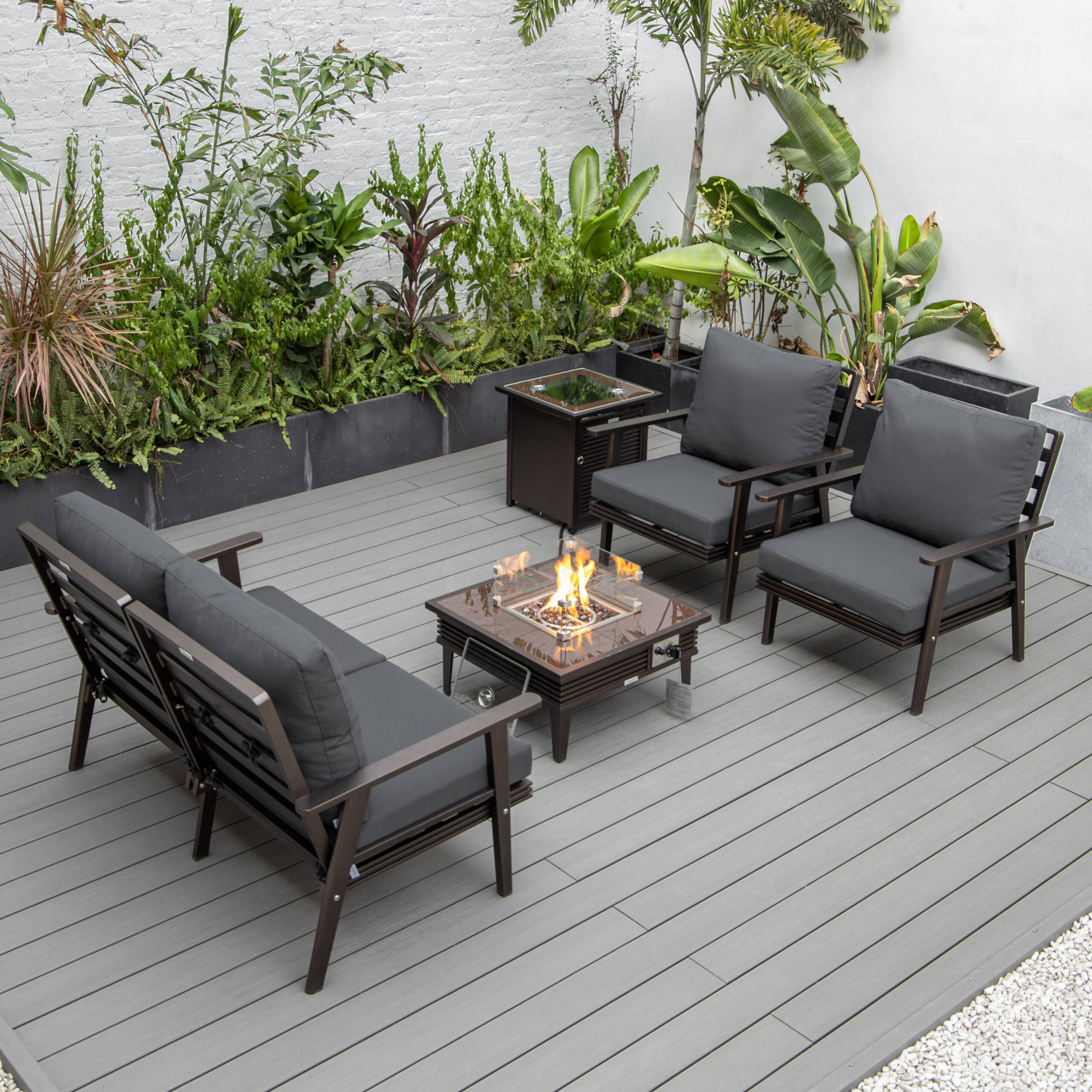 LeisureMod Walbrooke Modern Brown Patio Conversation With Square Fire Pit With Slats Design & Tank Holder - Charcoal