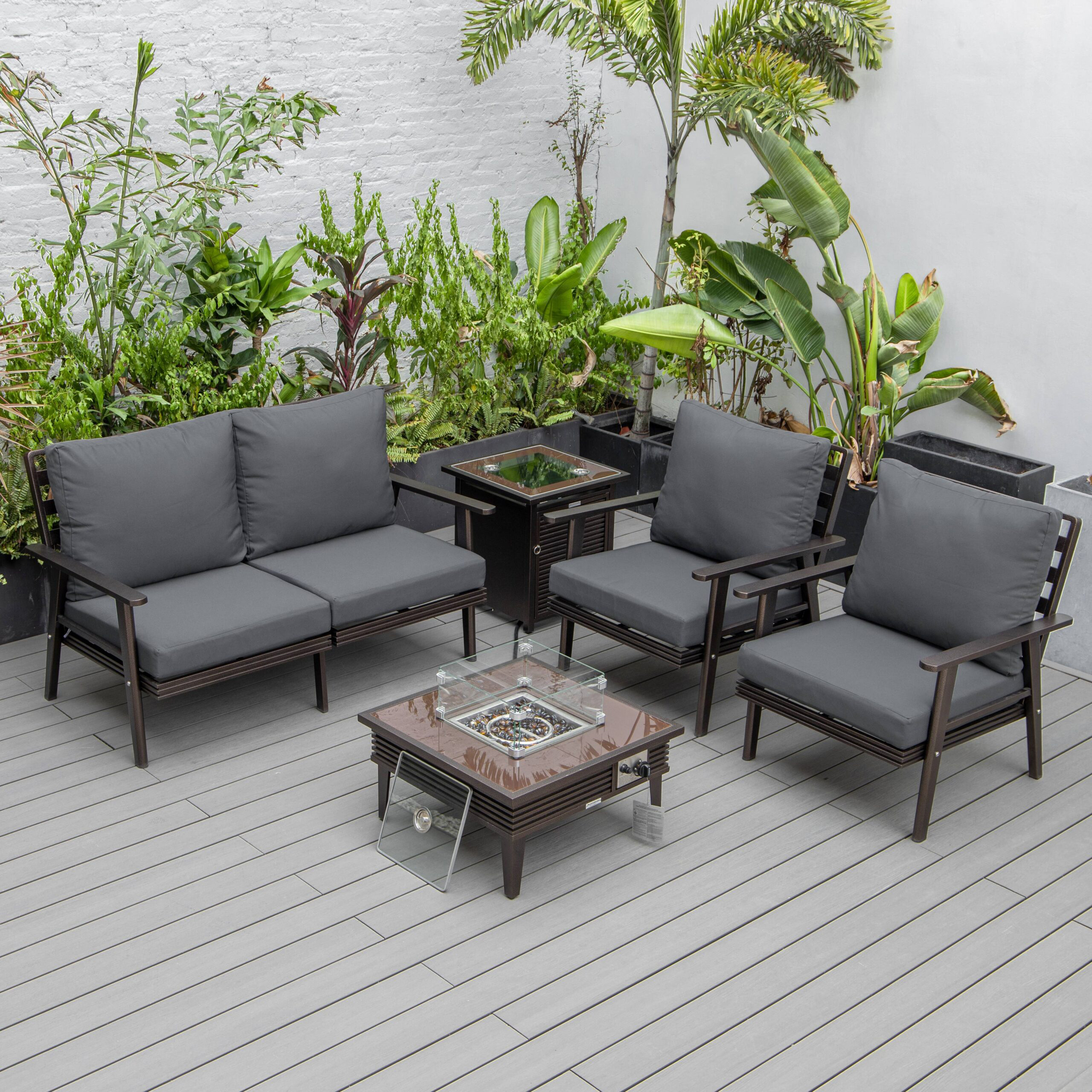 LeisureMod Walbrooke Modern Brown Patio Conversation With Square Fire Pit With Slats Design & Tank Holder - Charcoal