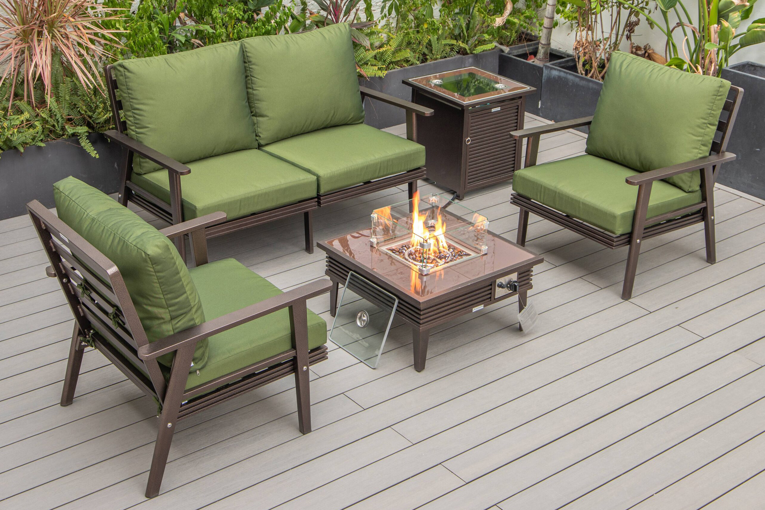 LeisureMod Walbrooke Modern Black Patio Conversation With Square Fire Pit With Slats Design & Tank Holder