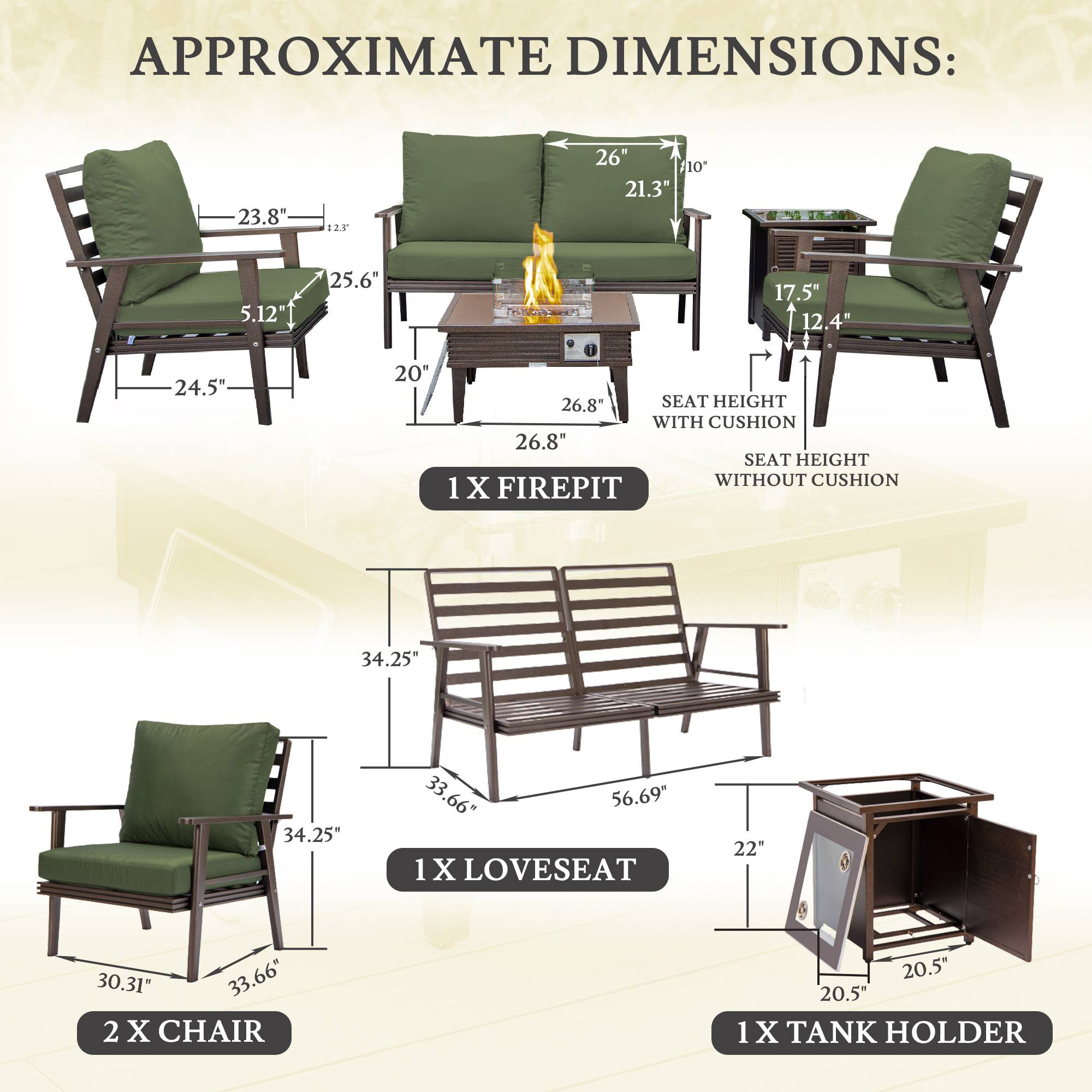 LeisureMod™ Walbrooke Modern Brown Patio Conversation With Square Fire Pit With Slats Design & Tank Holder - Green