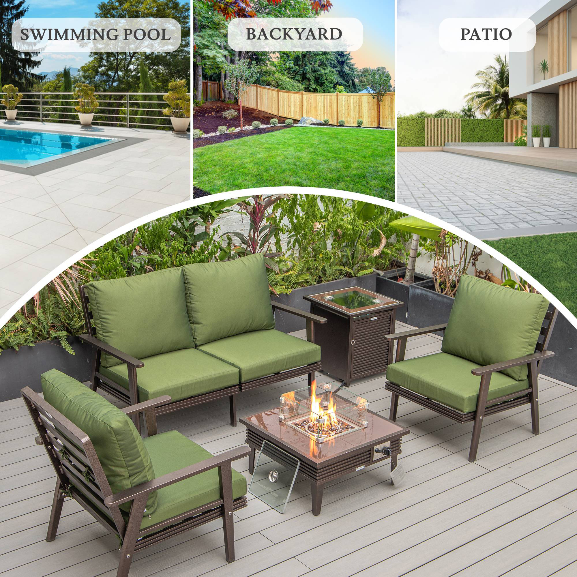 LeisureMod™ Walbrooke Modern Brown Patio Conversation With Square Fire Pit With Slats Design & Tank Holder - Green