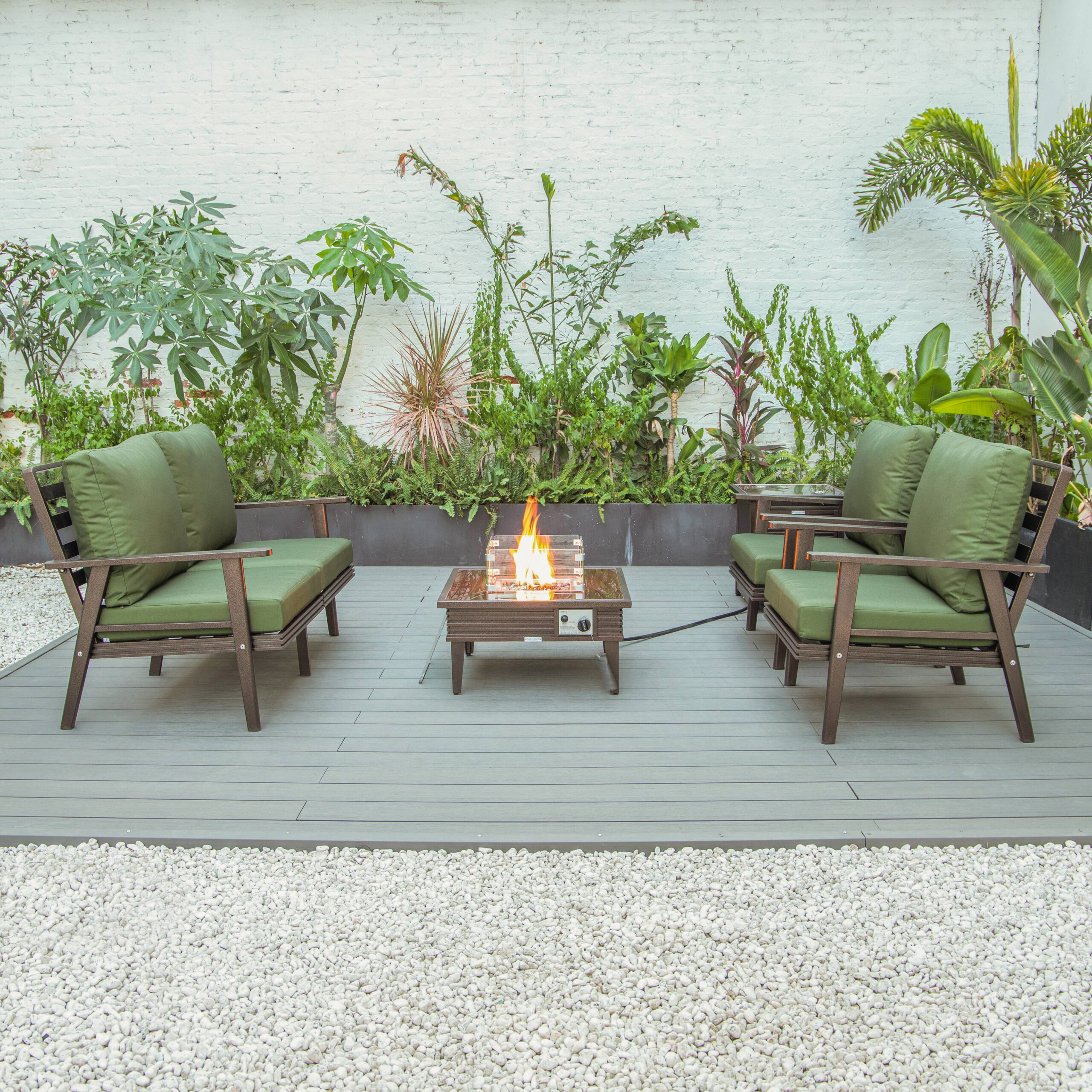 LeisureMod™ Walbrooke Modern Brown Patio Conversation With Square Fire Pit With Slats Design & Tank Holder - Green