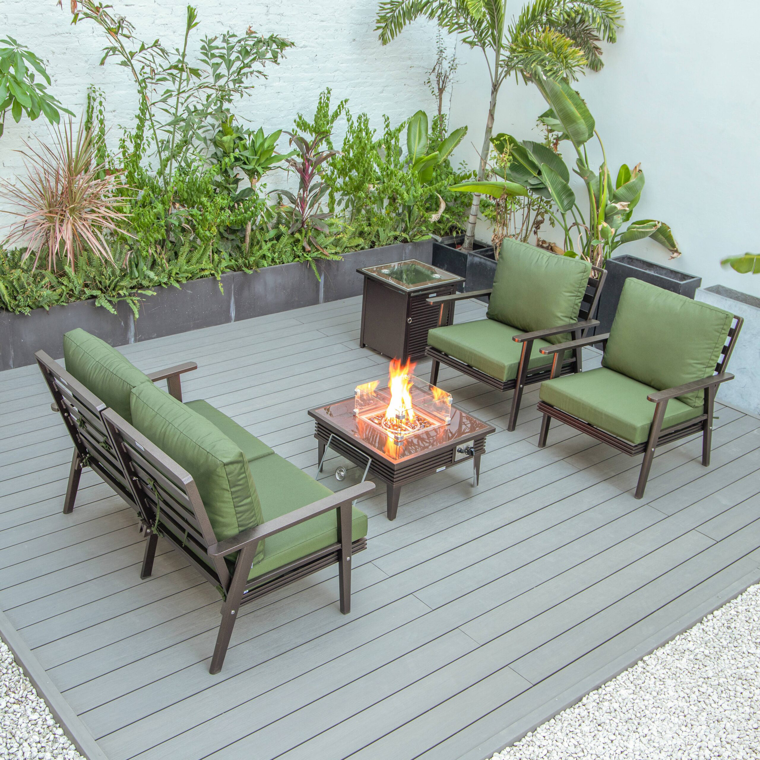 LeisureMod™ Walbrooke Modern Brown Patio Conversation With Square Fire Pit With Slats Design & Tank Holder - Green