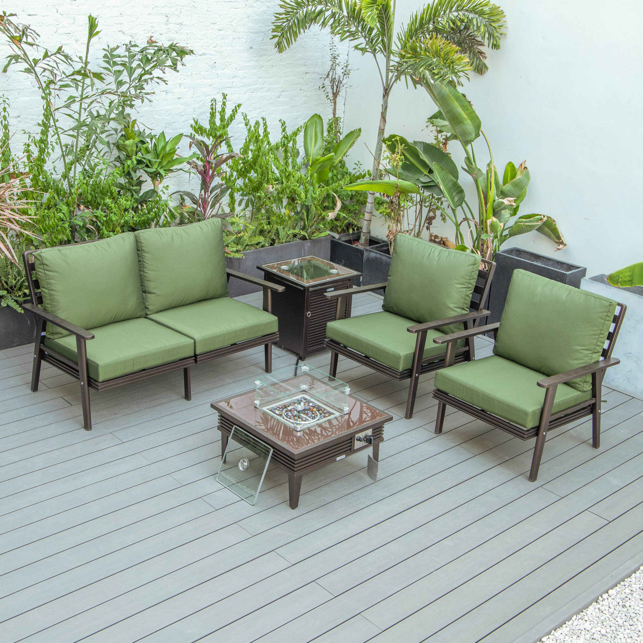 LeisureMod™ Walbrooke Modern Brown Patio Conversation With Square Fire Pit With Slats Design & Tank Holder - Green