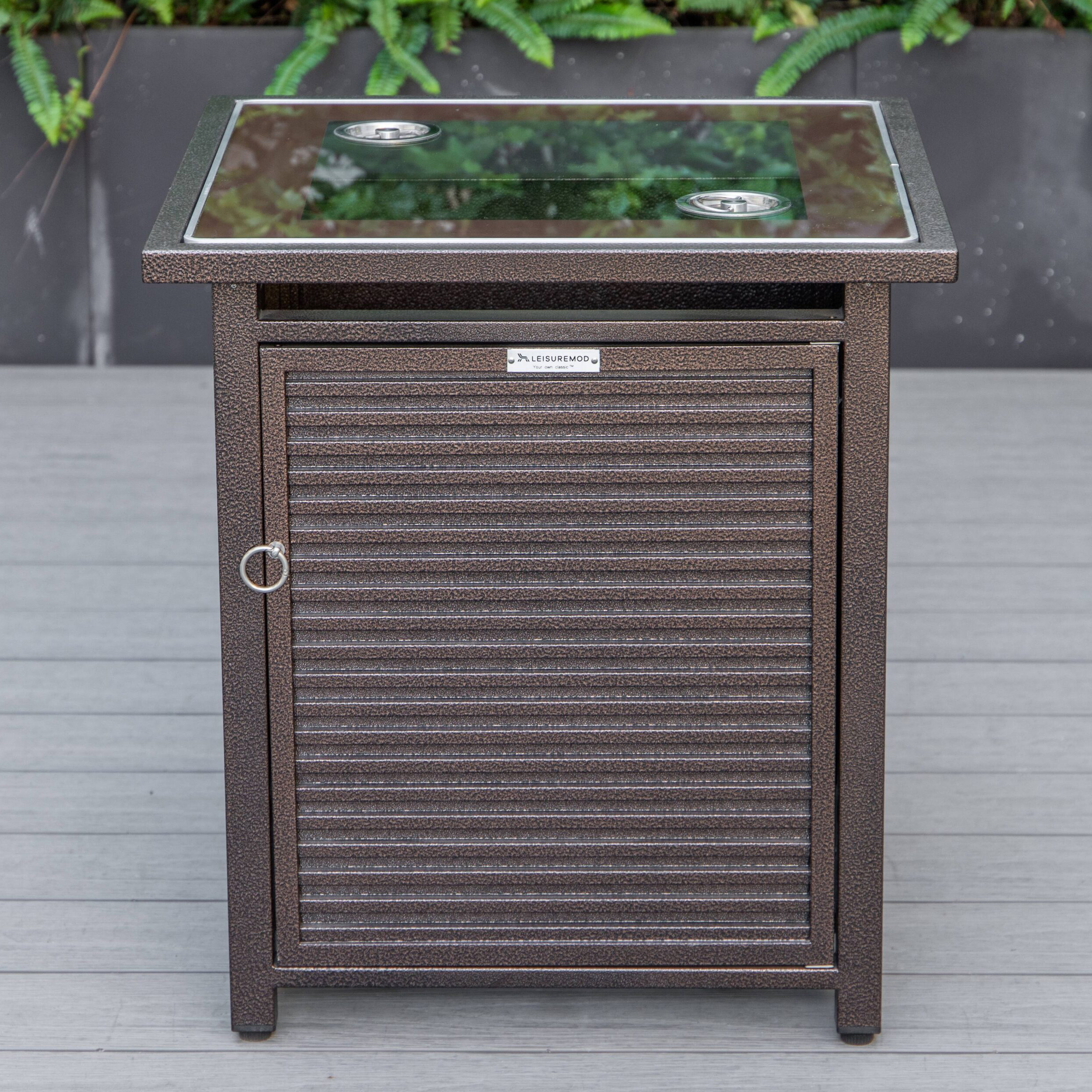 LeisureMod™ Walbrooke Modern Brown Patio Conversation With Square Fire Pit With Slats Design & Tank Holder - Green