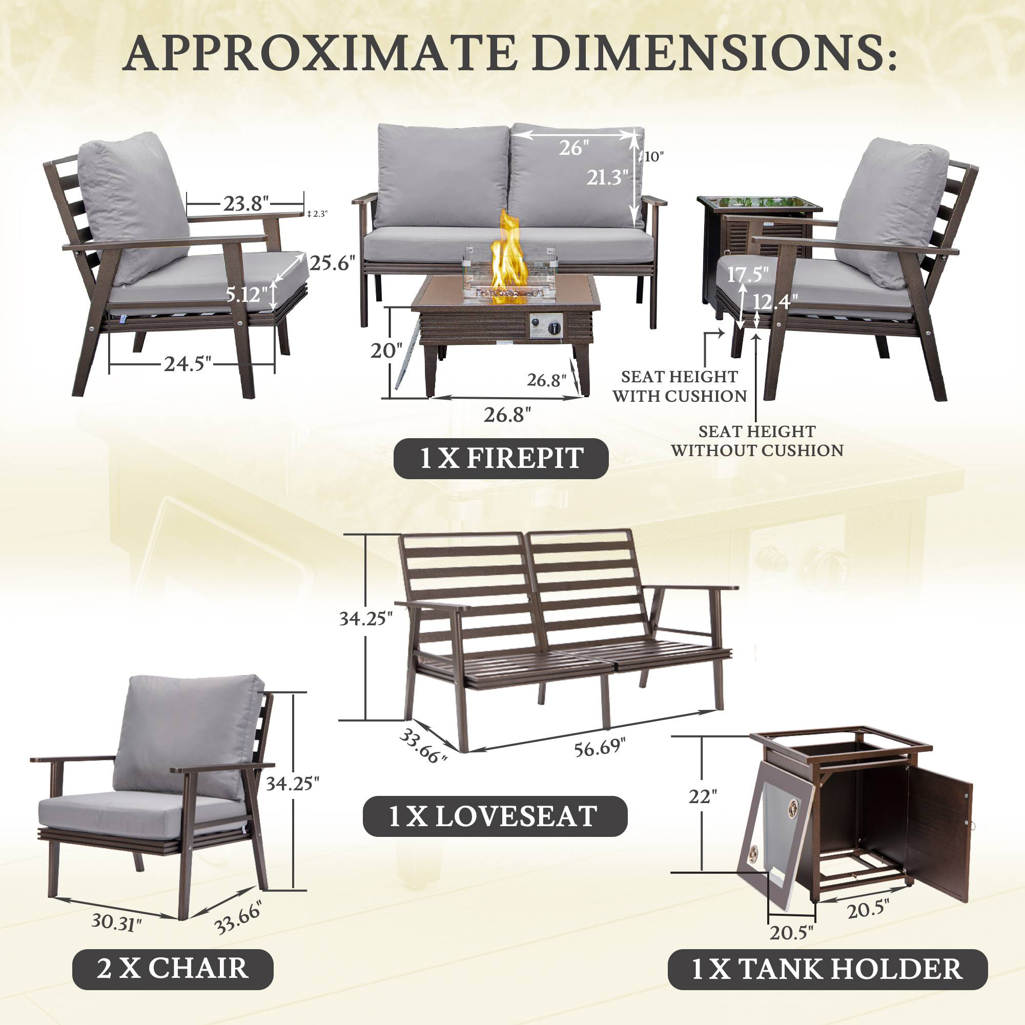 LeisureMod™ Walbrooke Modern Brown Patio Conversation With Square Fire Pit With Slats Design & Tank Holder - Gray