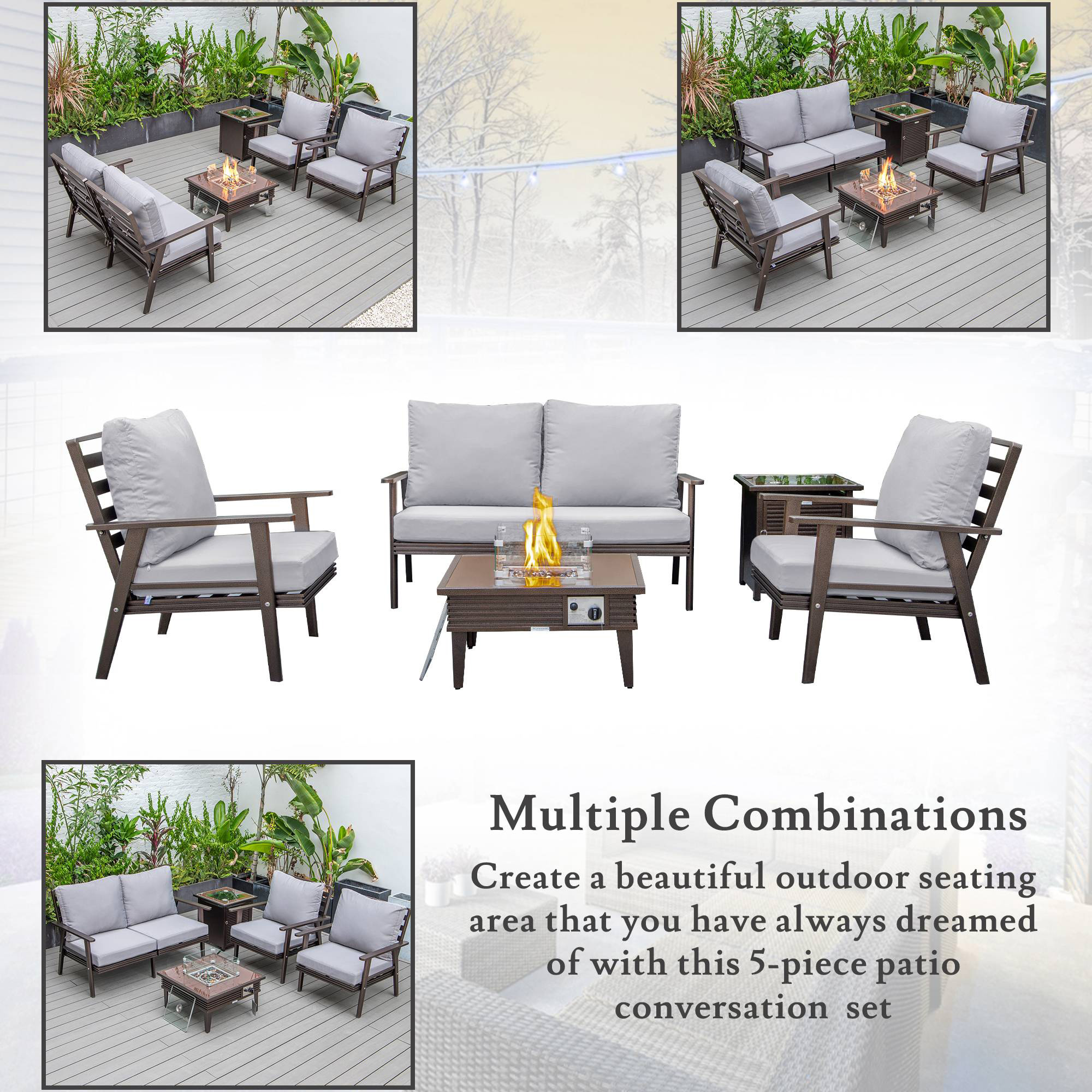 LeisureMod™ Walbrooke Modern Brown Patio Conversation With Square Fire Pit With Slats Design & Tank Holder - Gray