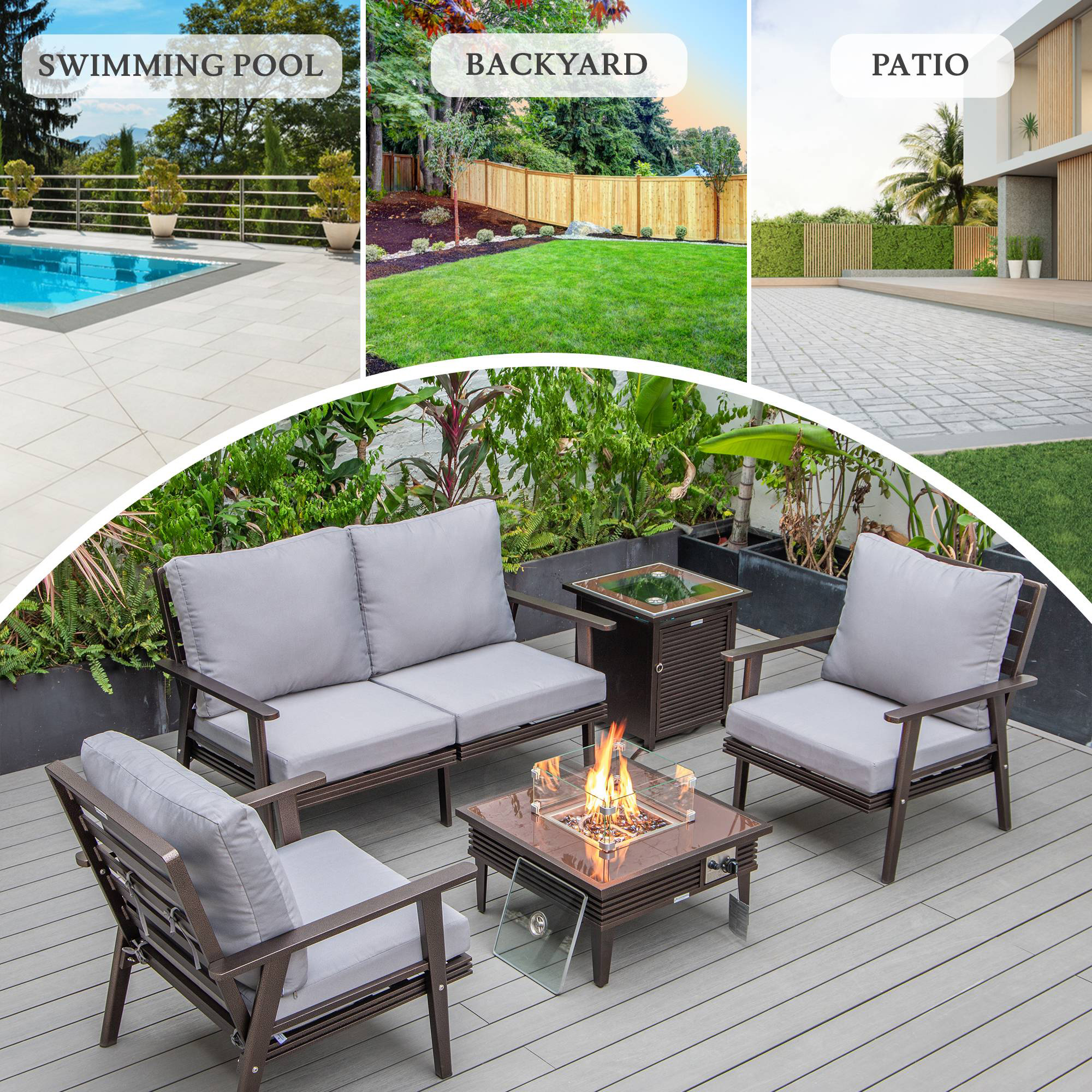 LeisureMod™ Walbrooke Modern Brown Patio Conversation With Square Fire Pit With Slats Design & Tank Holder - Gray