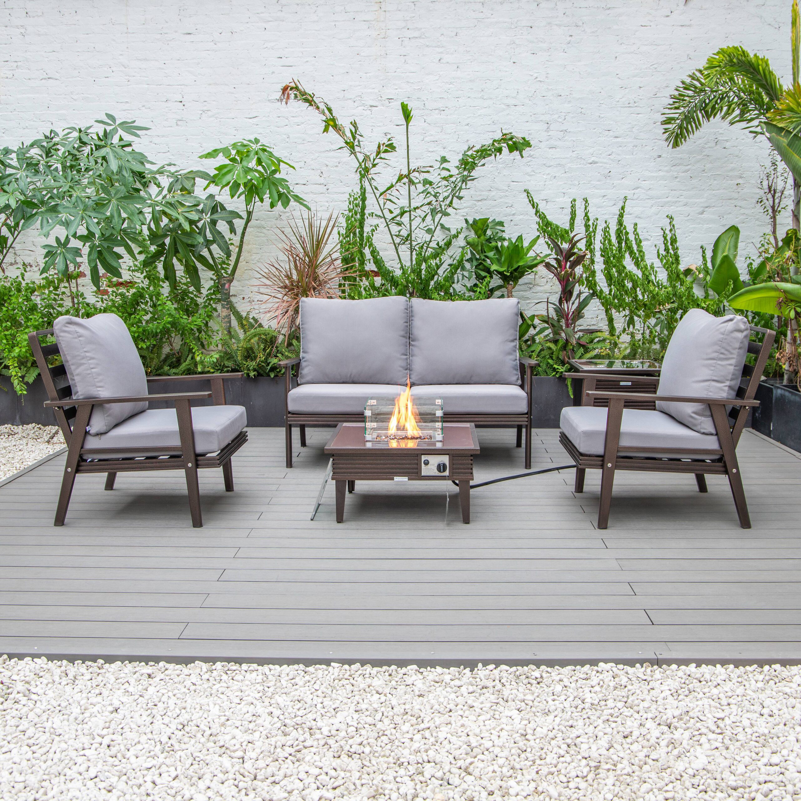 LeisureMod™ Walbrooke Modern Brown Patio Conversation With Square Fire Pit With Slats Design & Tank Holder - Gray