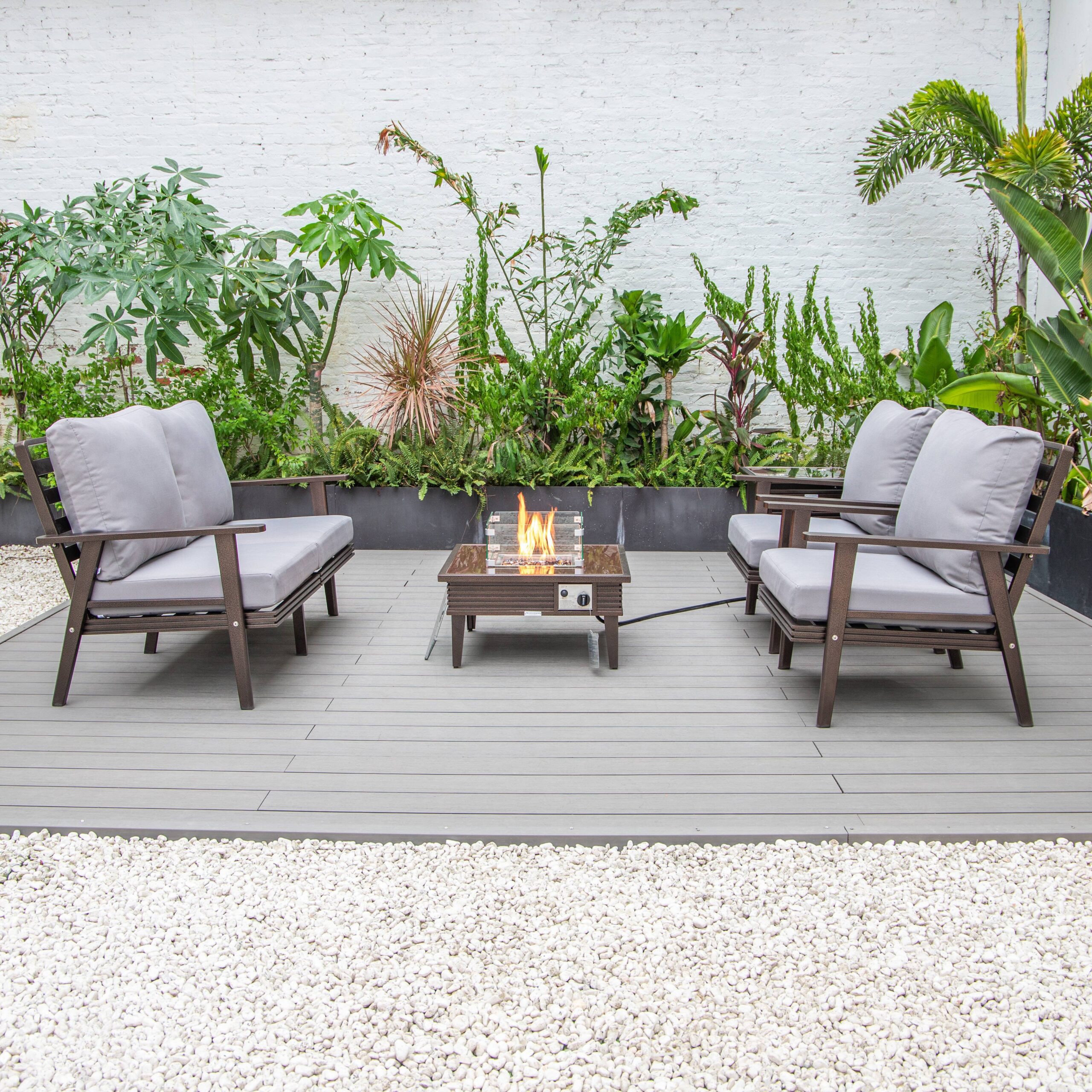 LeisureMod™ Walbrooke Modern Brown Patio Conversation With Square Fire Pit With Slats Design & Tank Holder - Gray