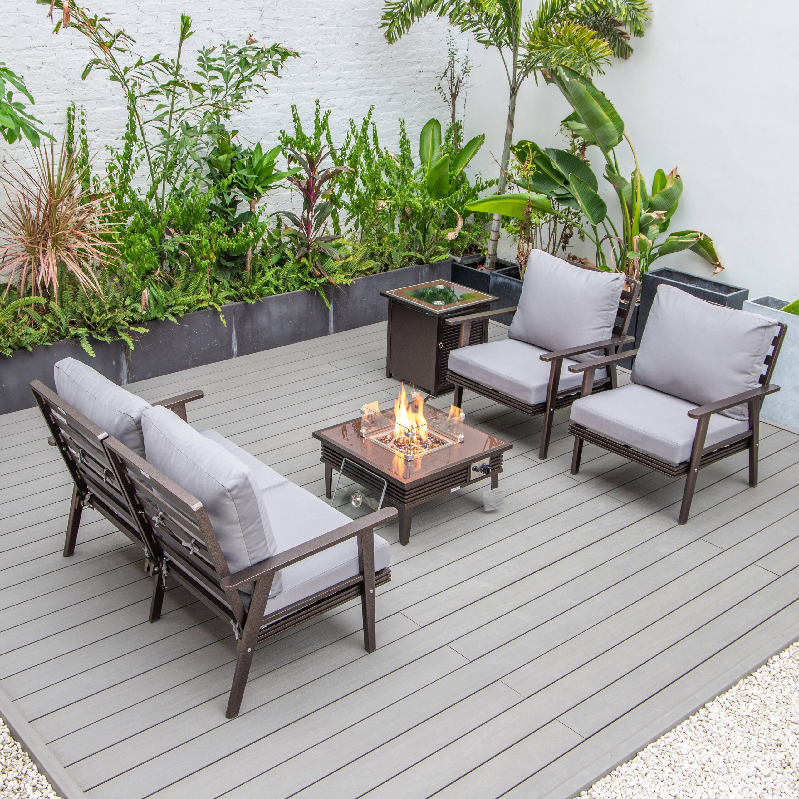 LeisureMod™ Walbrooke Modern Brown Patio Conversation With Square Fire Pit With Slats Design & Tank Holder - Gray