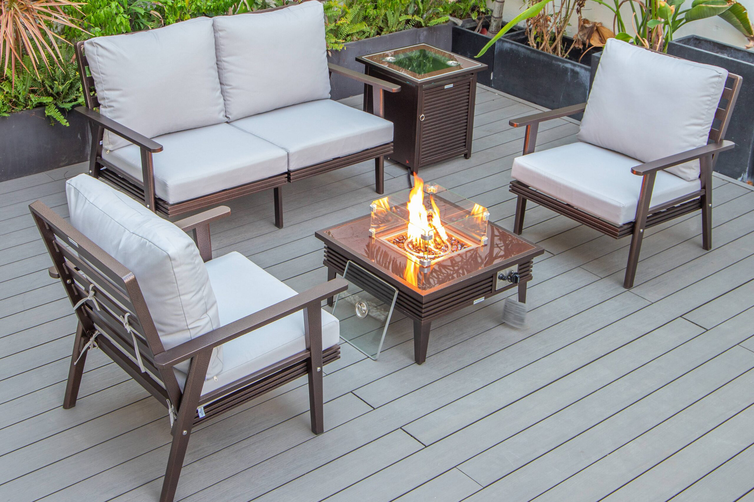 LeisureMod Walbrooke Modern Black Patio Conversation With Square Fire Pit With Slats Design & Tank Holder