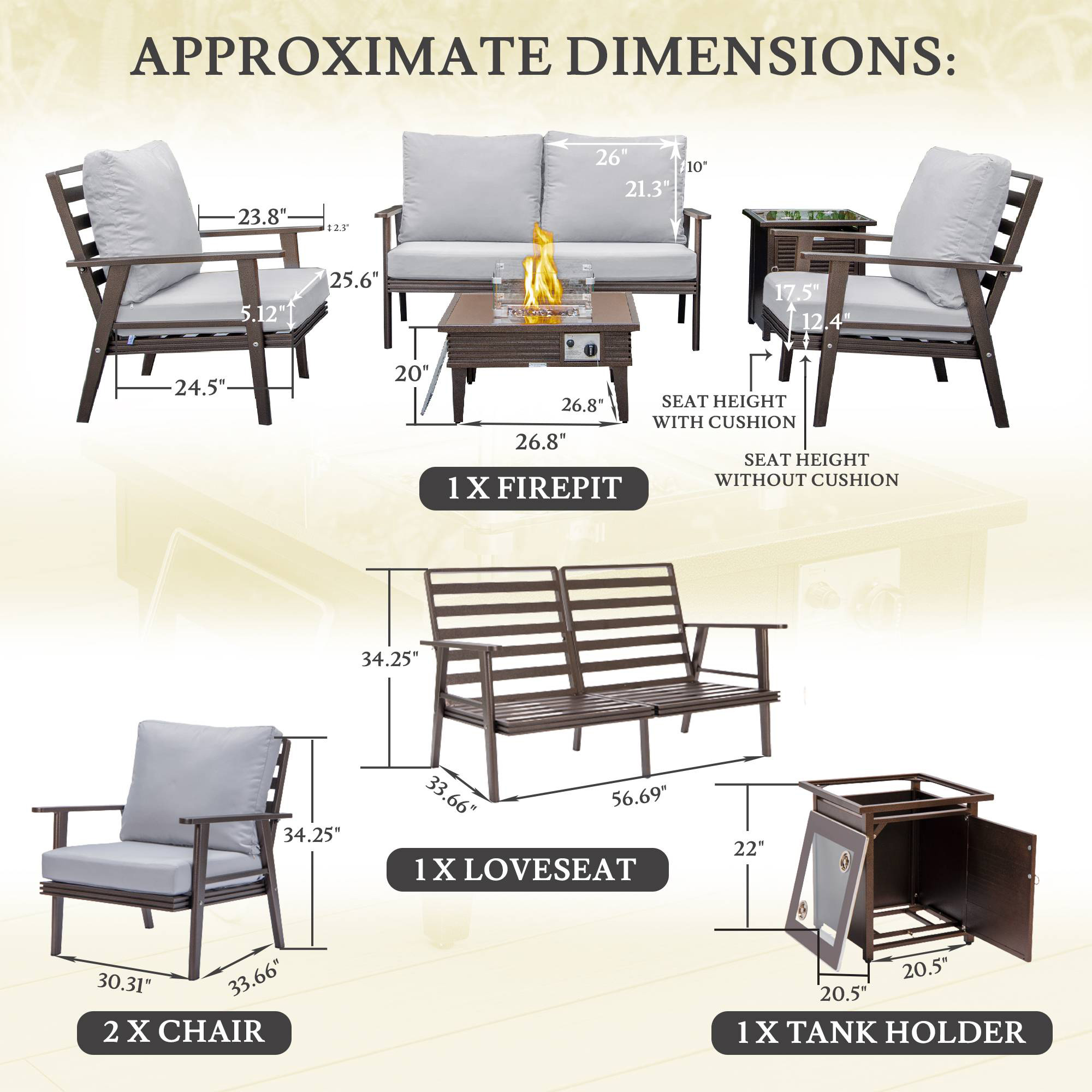 LeisureMod Walbrooke Modern Brown Patio Conversation With Square Fire Pit With Slats Design & Tank Holder - Light Gray