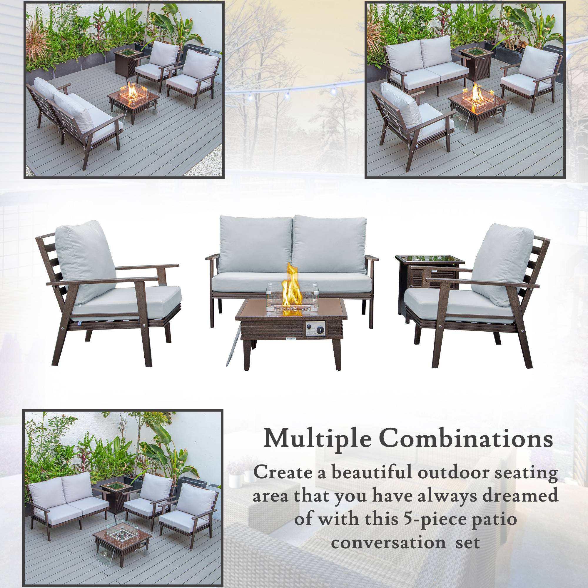 LeisureMod Walbrooke Modern Brown Patio Conversation With Square Fire Pit With Slats Design & Tank Holder - Light Gray