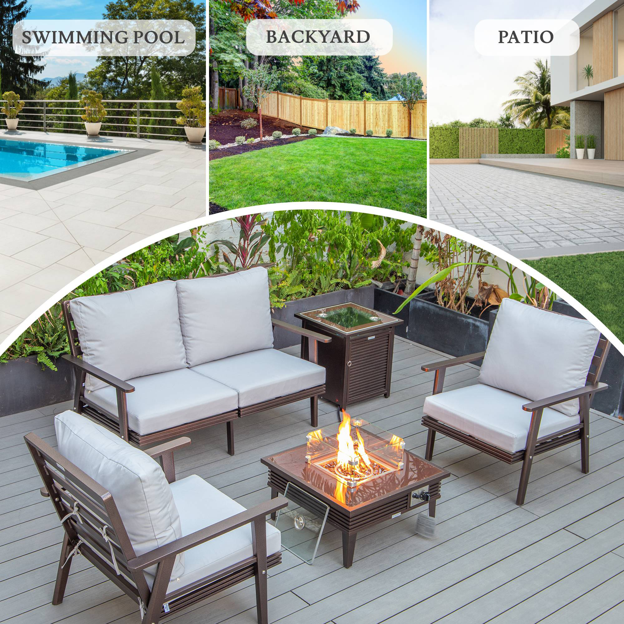 LeisureMod Walbrooke Modern Brown Patio Conversation With Square Fire Pit With Slats Design & Tank Holder - Light Gray