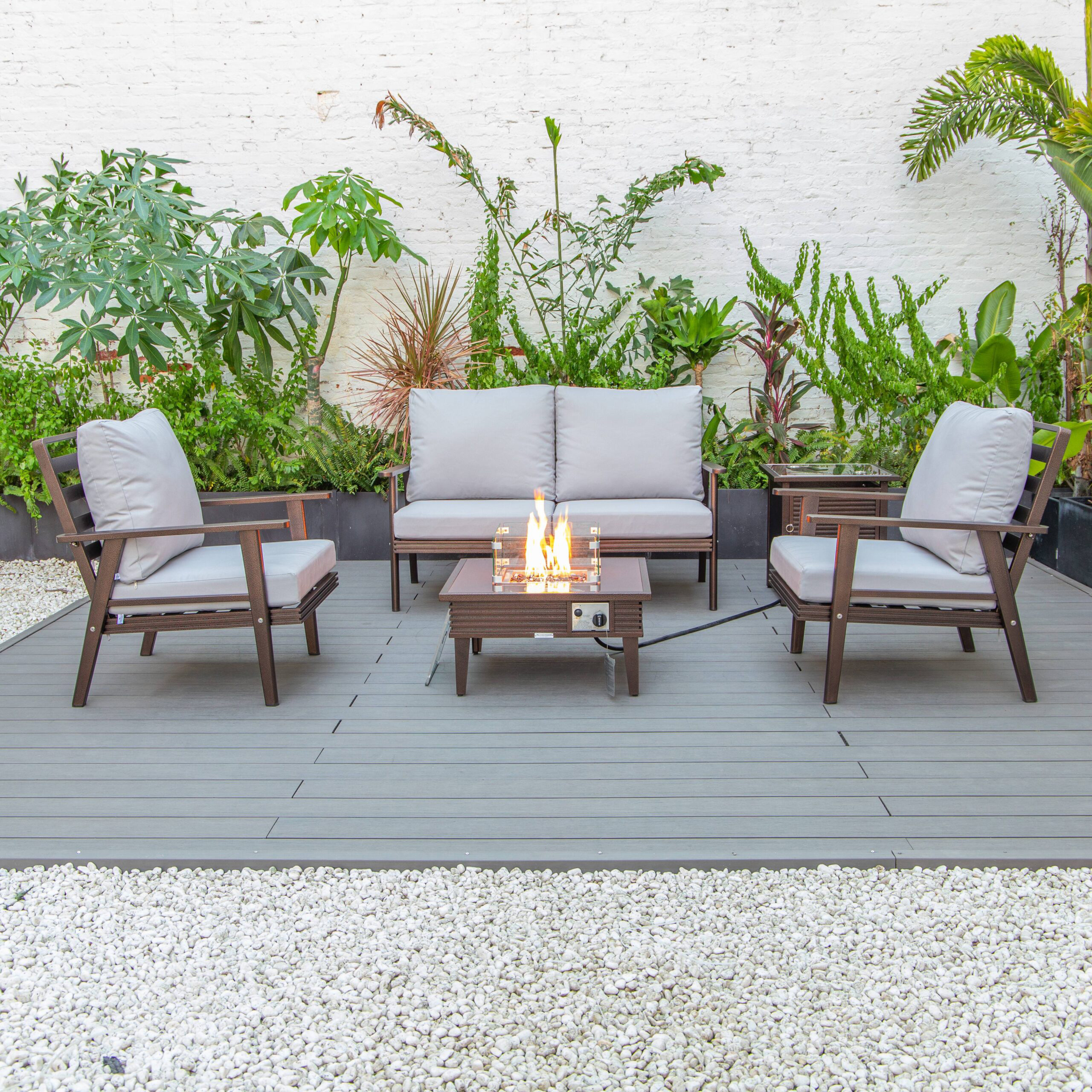 LeisureMod Walbrooke Modern Brown Patio Conversation With Square Fire Pit With Slats Design & Tank Holder - Light Gray