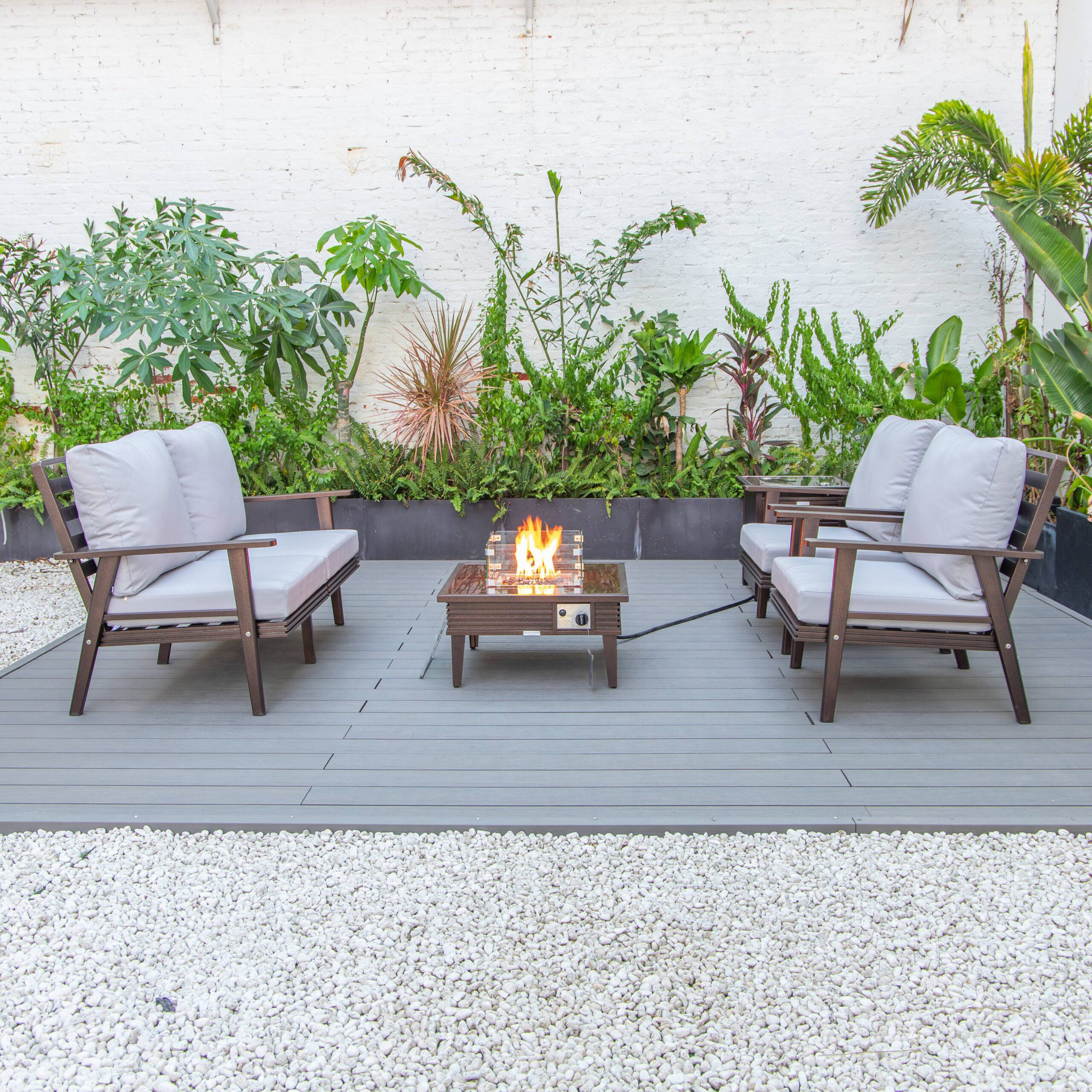 LeisureMod Walbrooke Modern Brown Patio Conversation With Square Fire Pit With Slats Design & Tank Holder - Light Gray