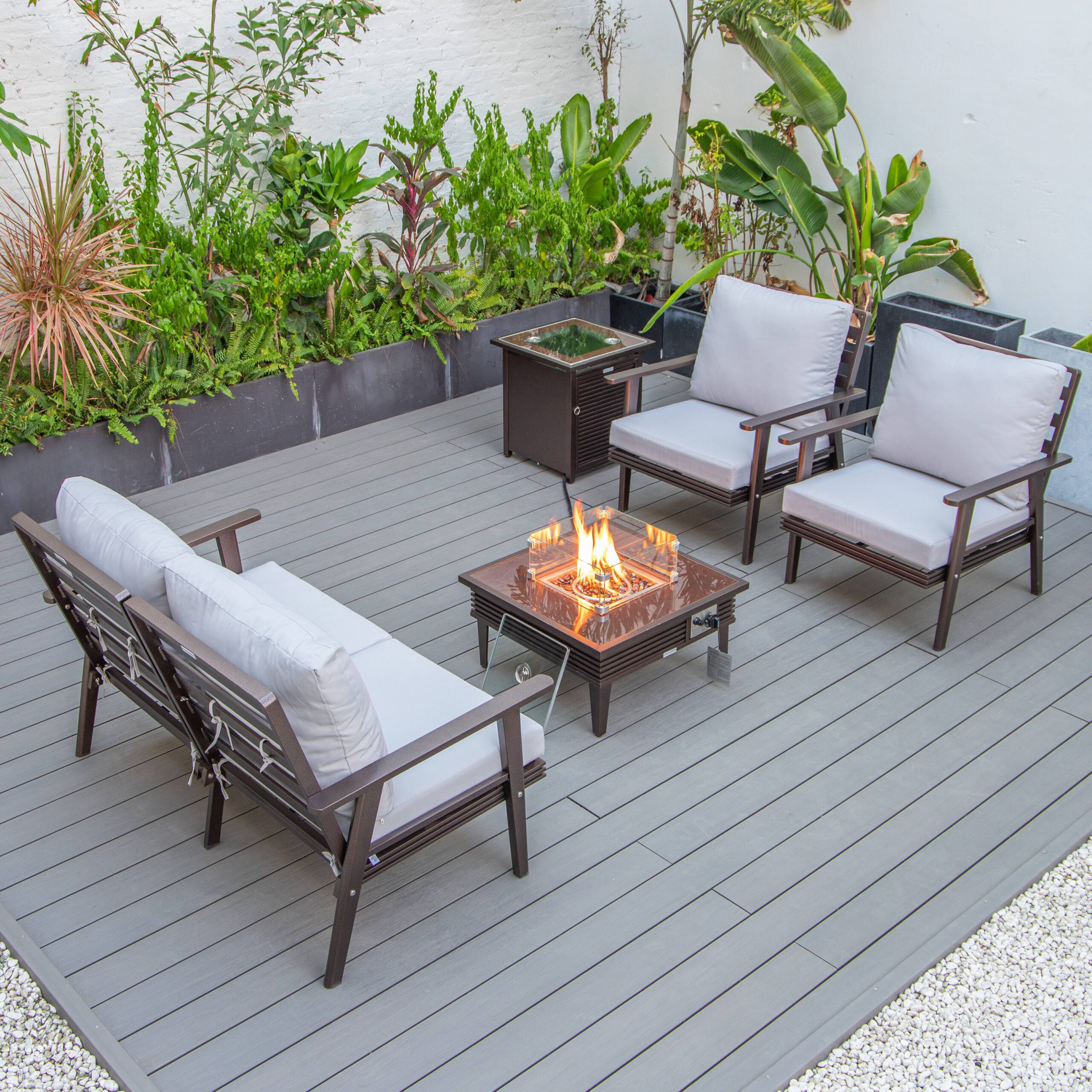 LeisureMod Walbrooke Modern Brown Patio Conversation With Square Fire Pit With Slats Design & Tank Holder - Light Gray