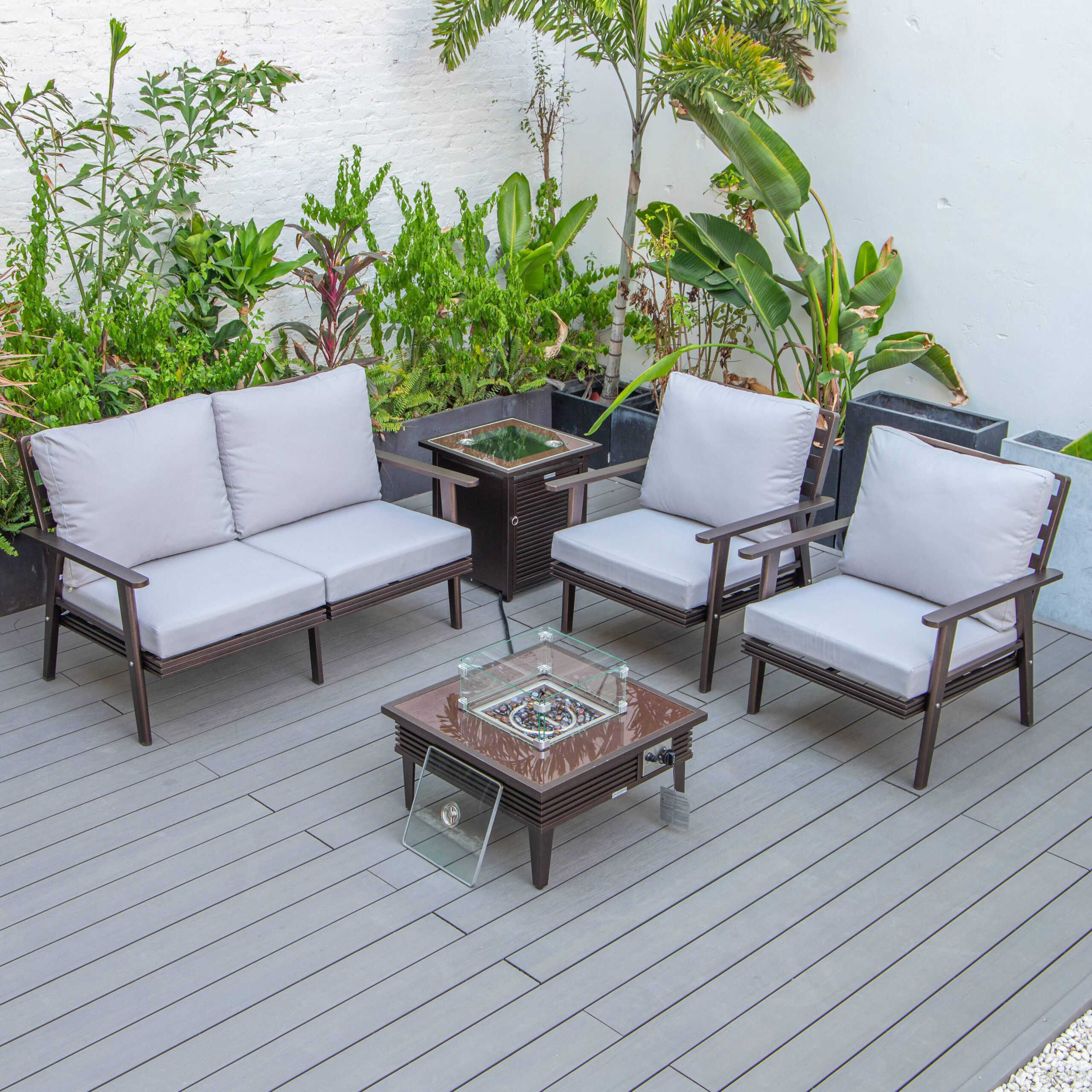 LeisureMod Walbrooke Modern Brown Patio Conversation With Square Fire Pit With Slats Design & Tank Holder - Light Gray