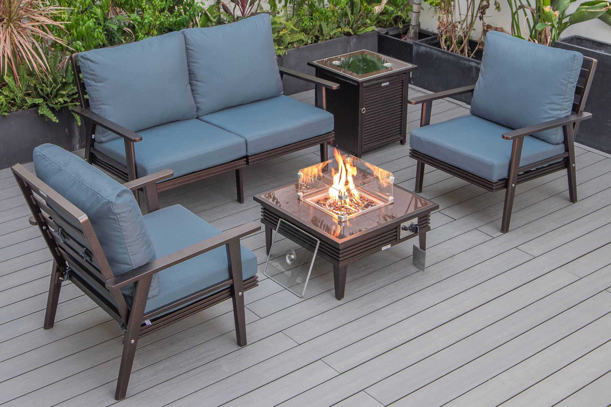 LeisureMod Walbrooke Modern Black Patio Conversation With Square Fire Pit With Slats Design & Tank Holder