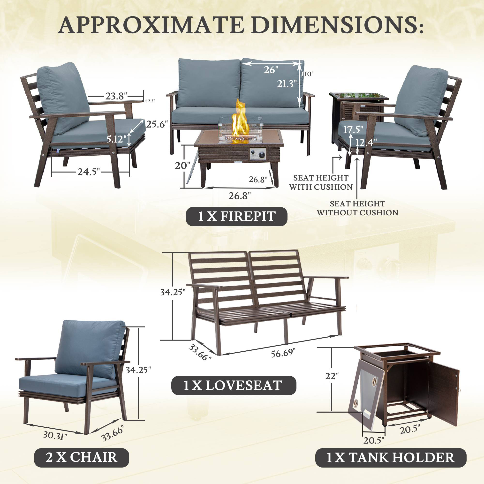 LeisureMod Walbrooke Modern Brown Patio Conversation With Square Fire Pit With Slats Design & Tank Holder - Navy Blue