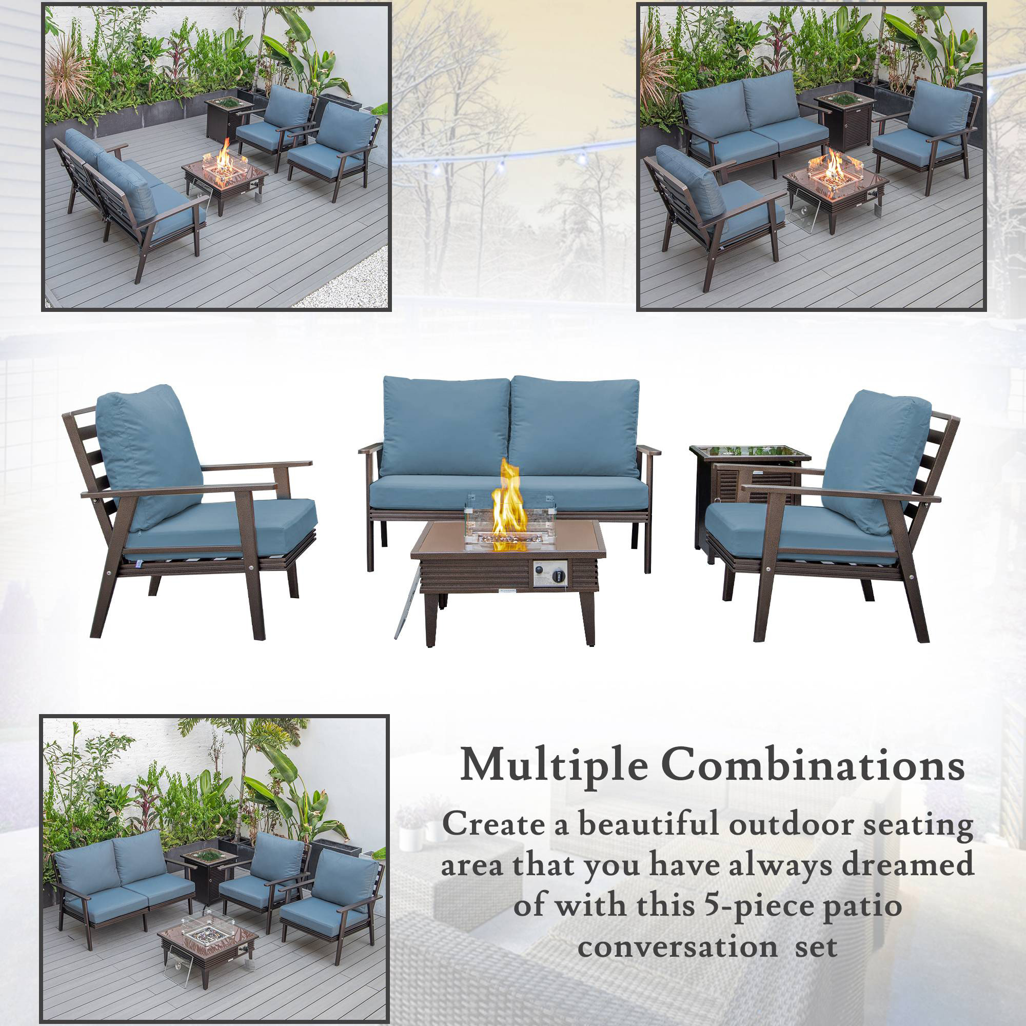 LeisureMod Walbrooke Modern Brown Patio Conversation With Square Fire Pit With Slats Design & Tank Holder - Navy Blue