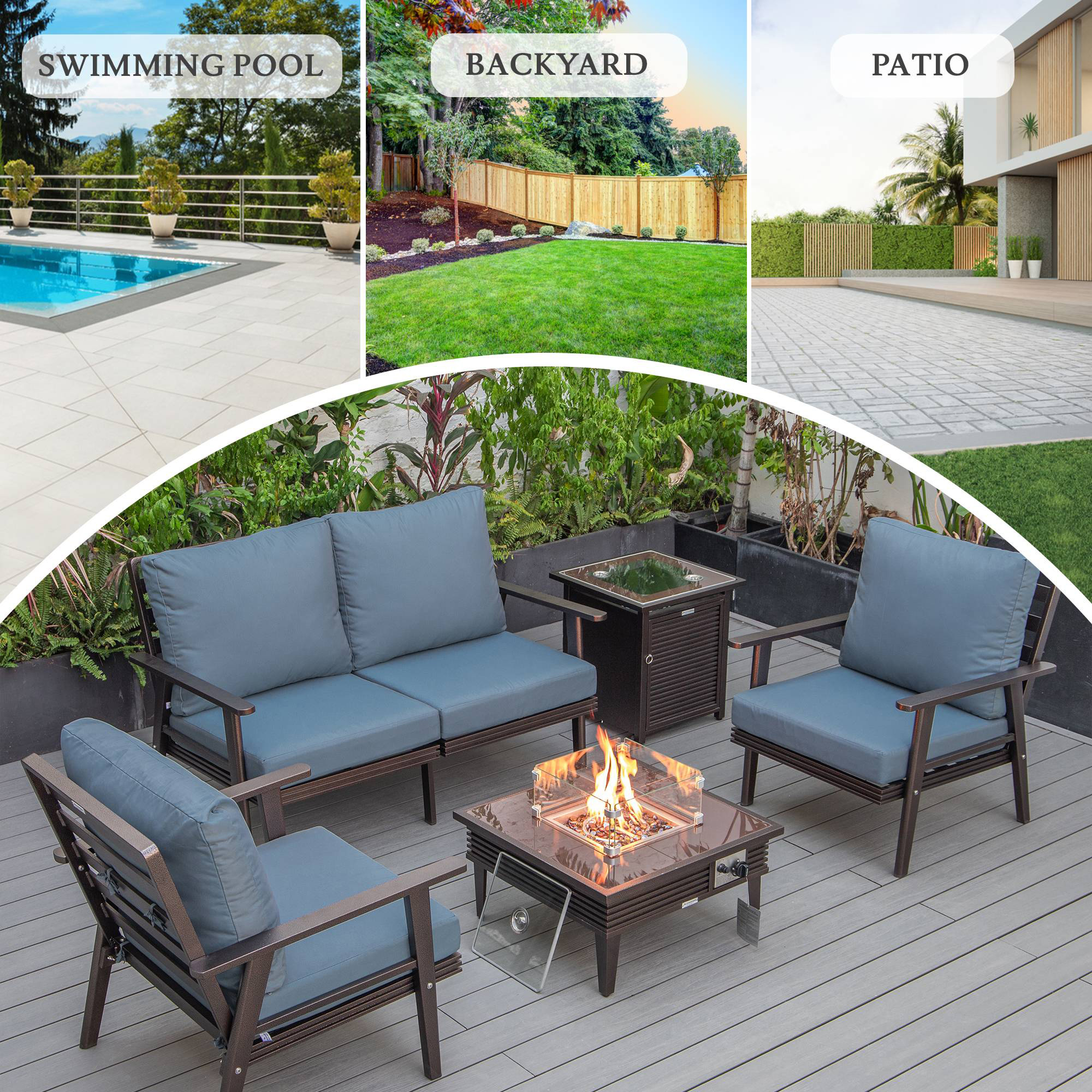 LeisureMod Walbrooke Modern Brown Patio Conversation With Square Fire Pit With Slats Design & Tank Holder - Navy Blue