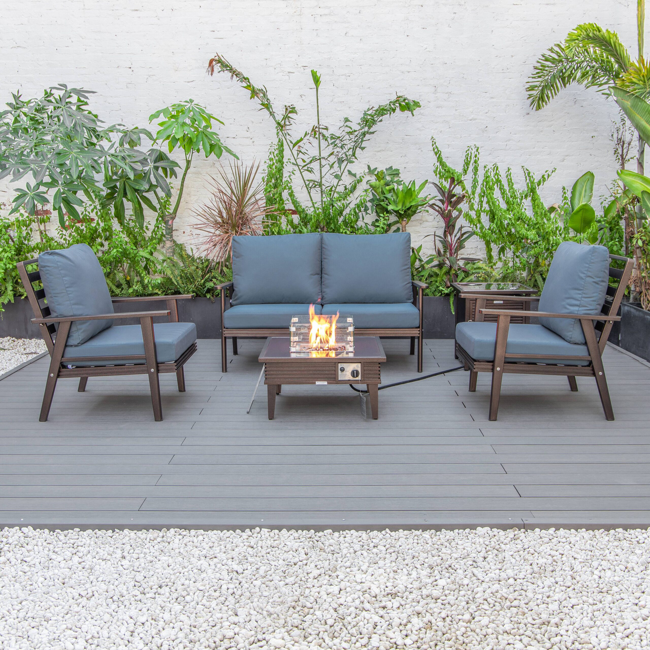 LeisureMod Walbrooke Modern Brown Patio Conversation With Square Fire Pit With Slats Design & Tank Holder - Navy Blue